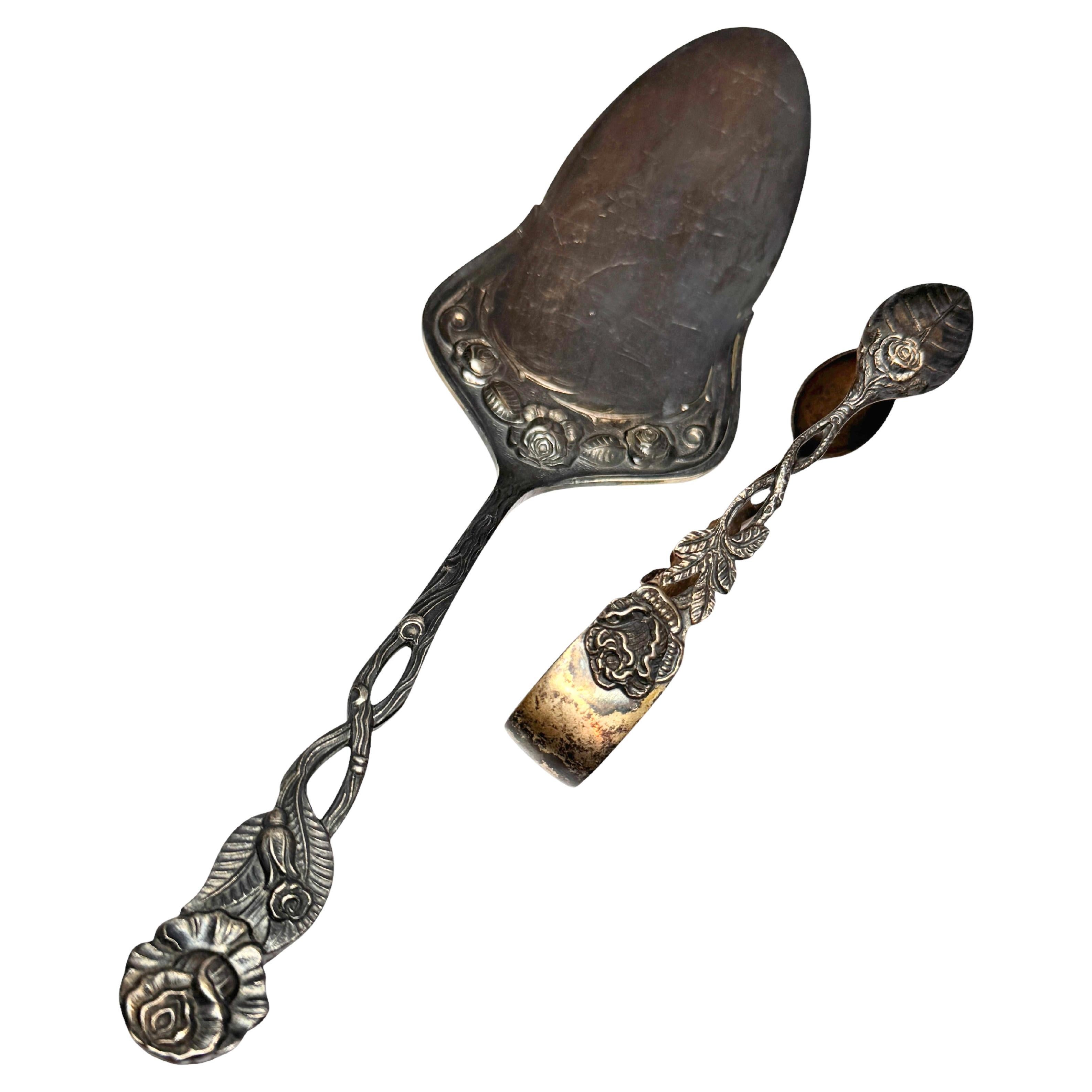 Juego Art Nouveau Hildesheim Rose Cubiertos de plata Pala para tartas y pinzas para azúcar