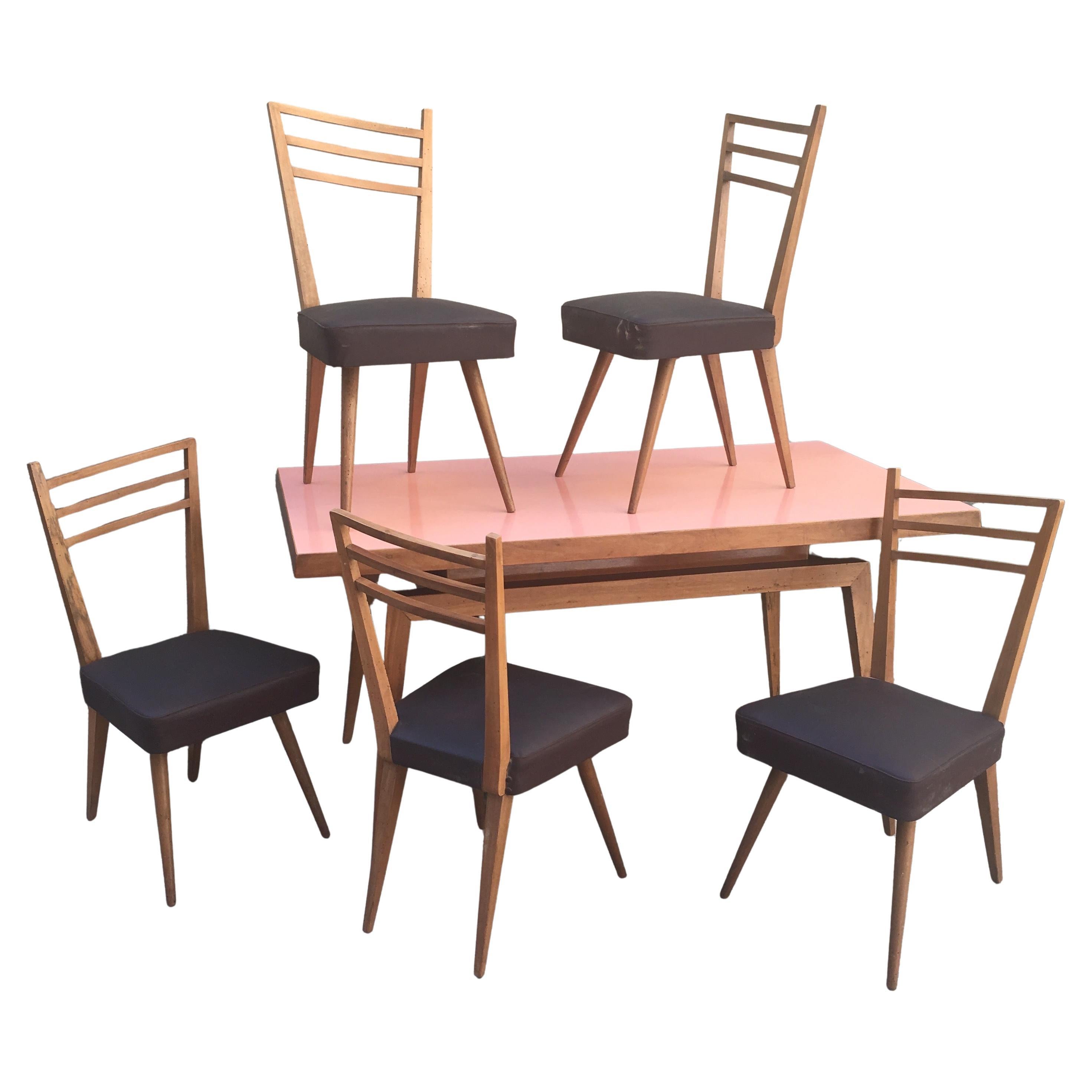 Handcrafted Set - Table with 5 Chairs - Italy - 1960s