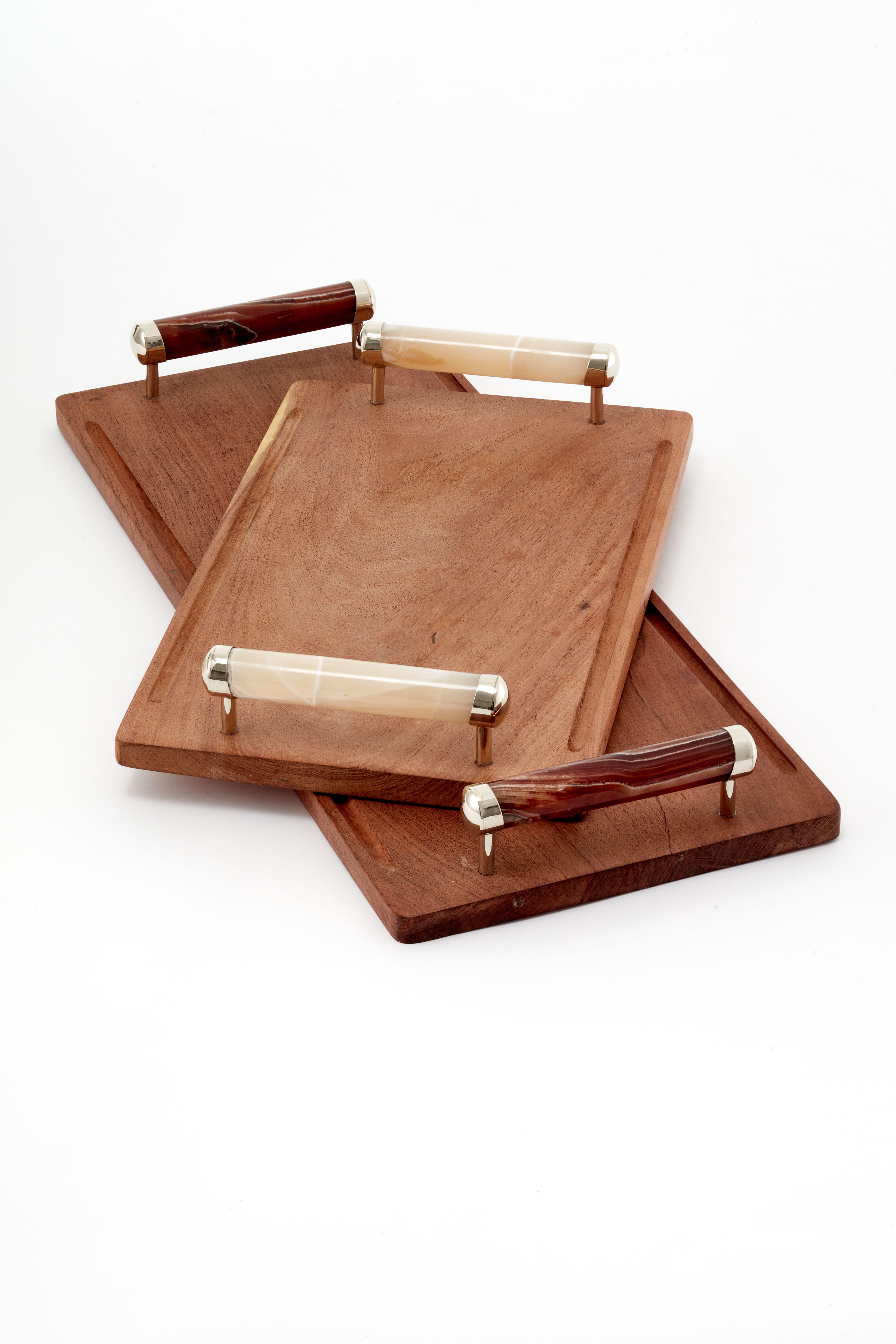 Organic Modern SET Asado Medium, Large Rectangular Trays, Onyx, Carob Wood & Silver Alpaca For Sale