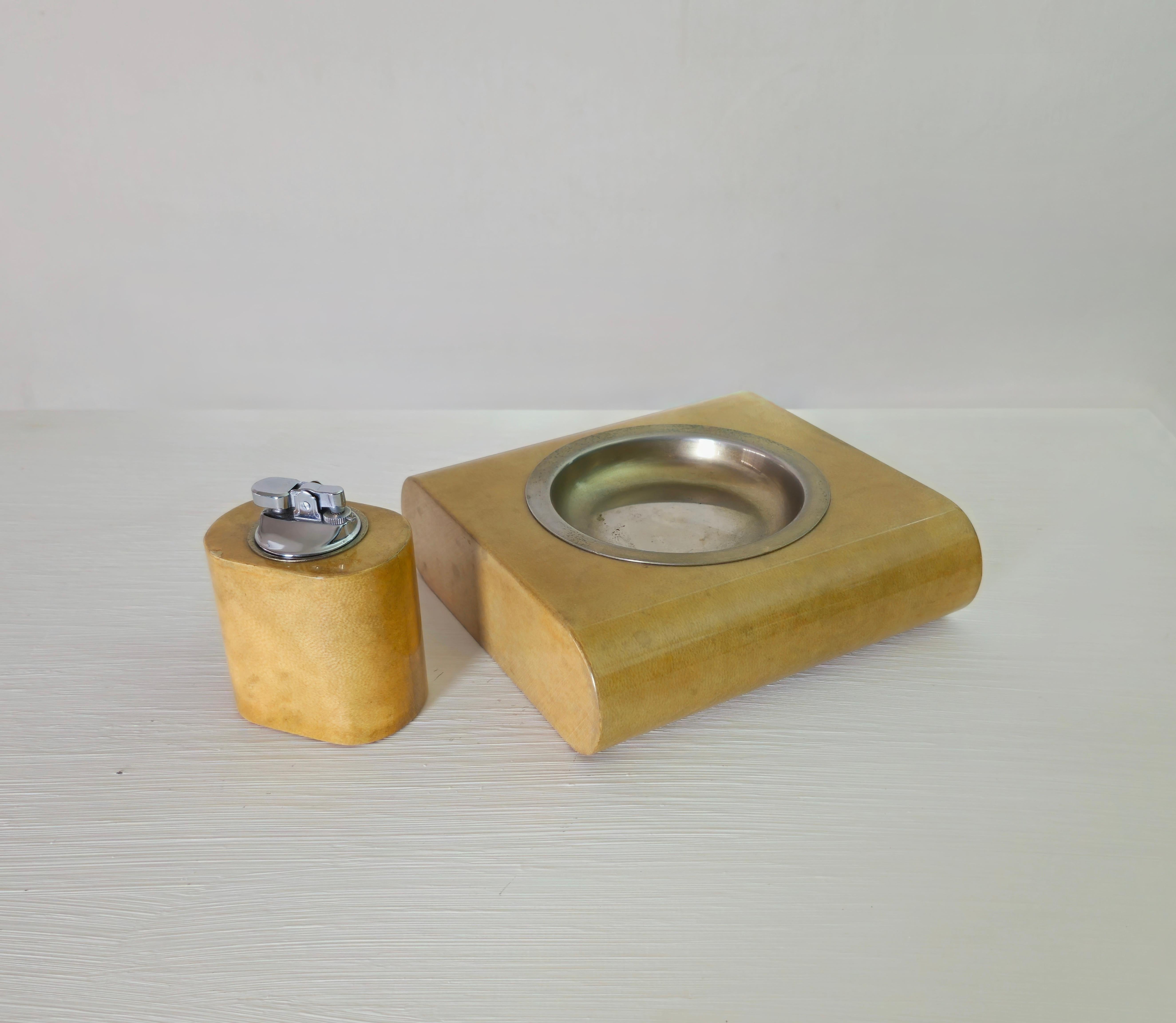 Set ashtray and lighter Lacquer Parchment Paper Italy 60s Aldo Tura Mid-century 5