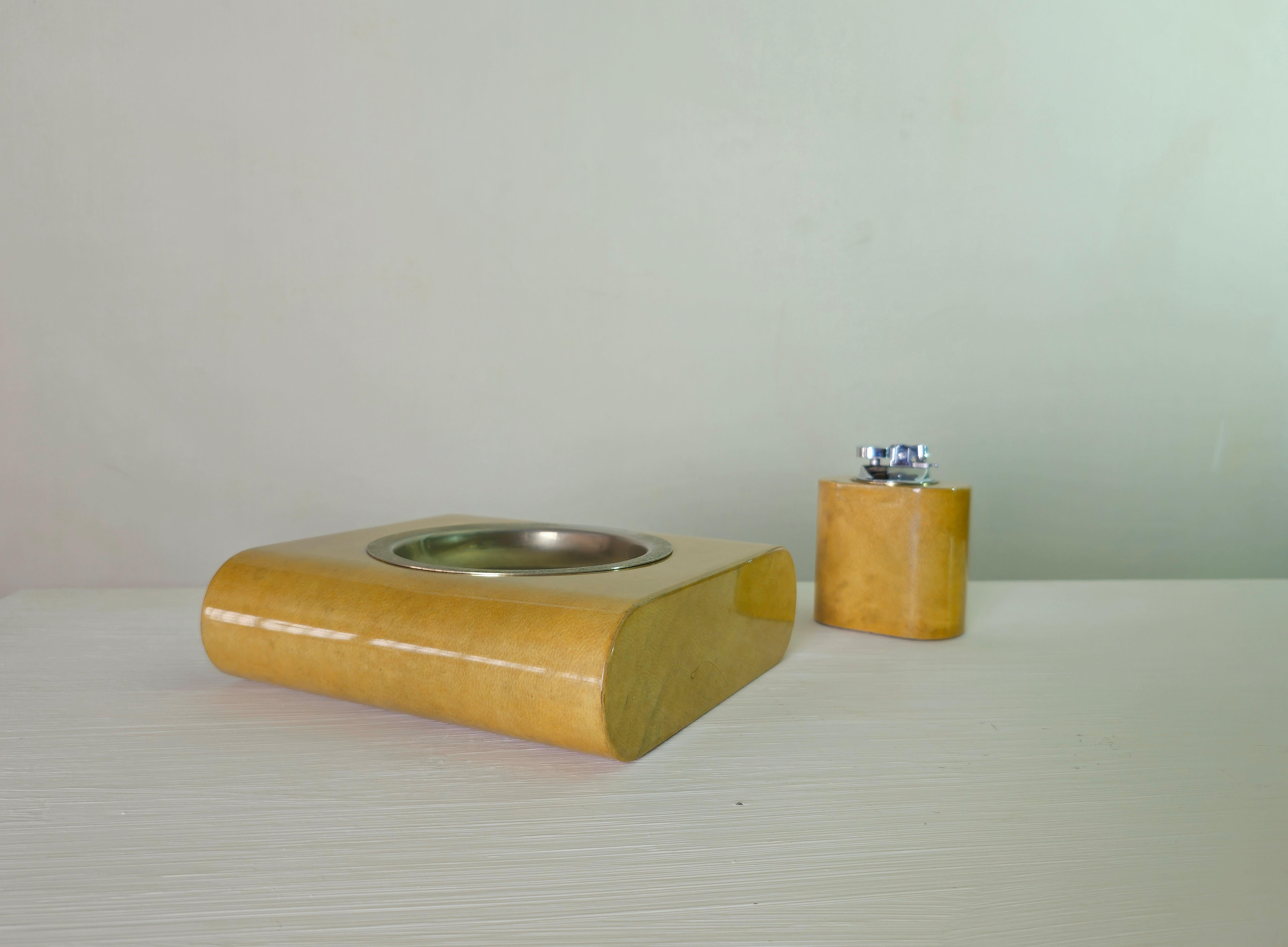 Set ashtray and lighter Lacquer Parchment Paper Italy 60s Aldo Tura Mid-century 6