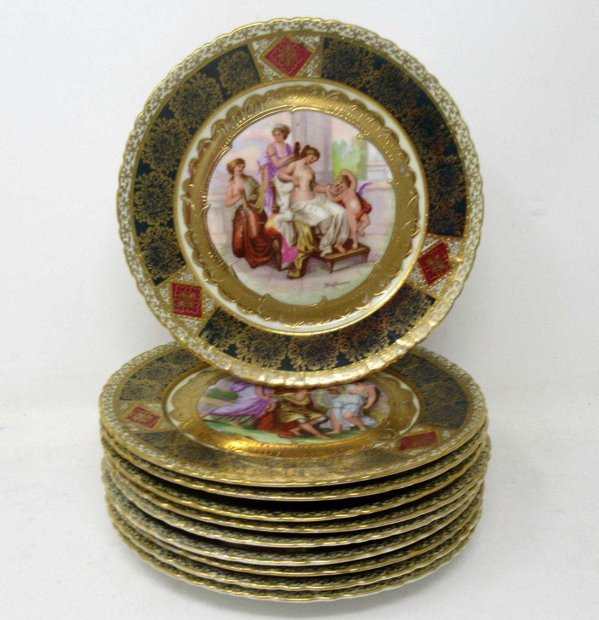 An exceptionally fine set of ten Austrian Royal Vienna signed porcelain cabinet plates or wall hanging plaques, third quarter of the Nineteenth century. 

Each plate with an exquisite all round frieze of hand painted highly detailed decorations on