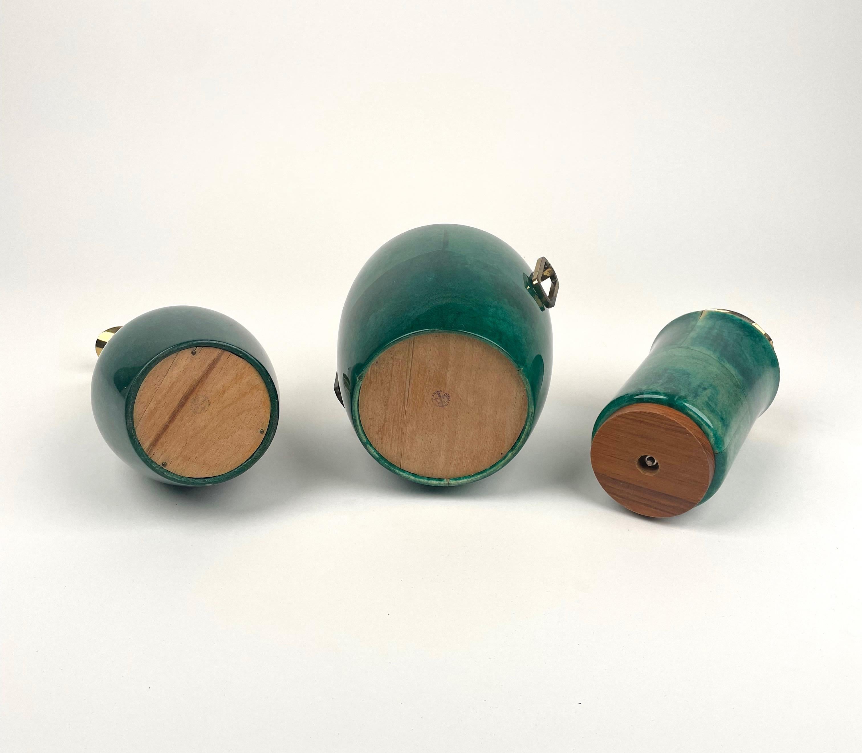 Set Barware Bar Green Goatskin and Brass by Aldo Tura for Macabo, Italy 1960s For Sale 5