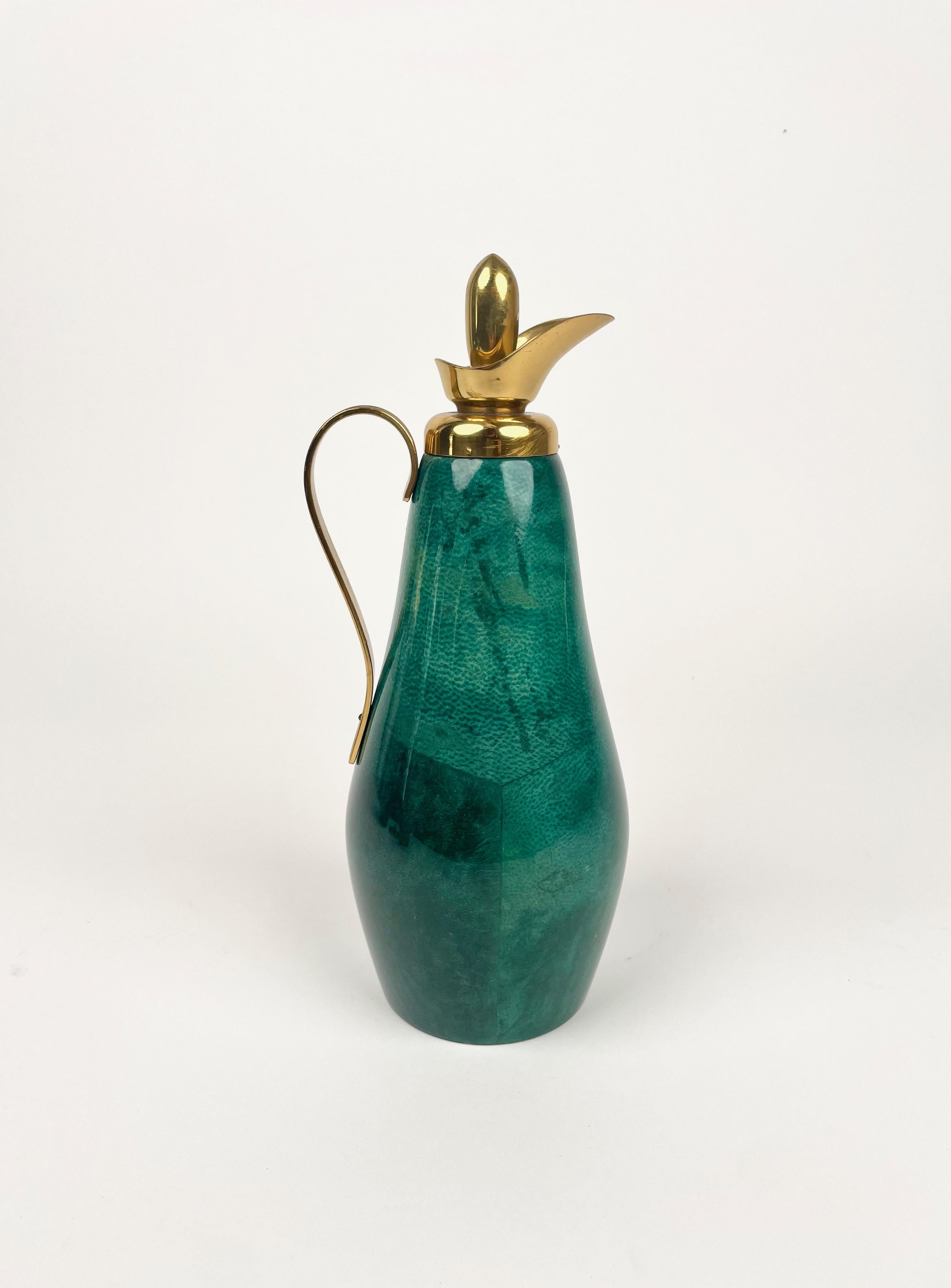 Mid-20th Century Set Barware Bar Green Goatskin and Brass by Aldo Tura for Macabo, Italy 1960s For Sale