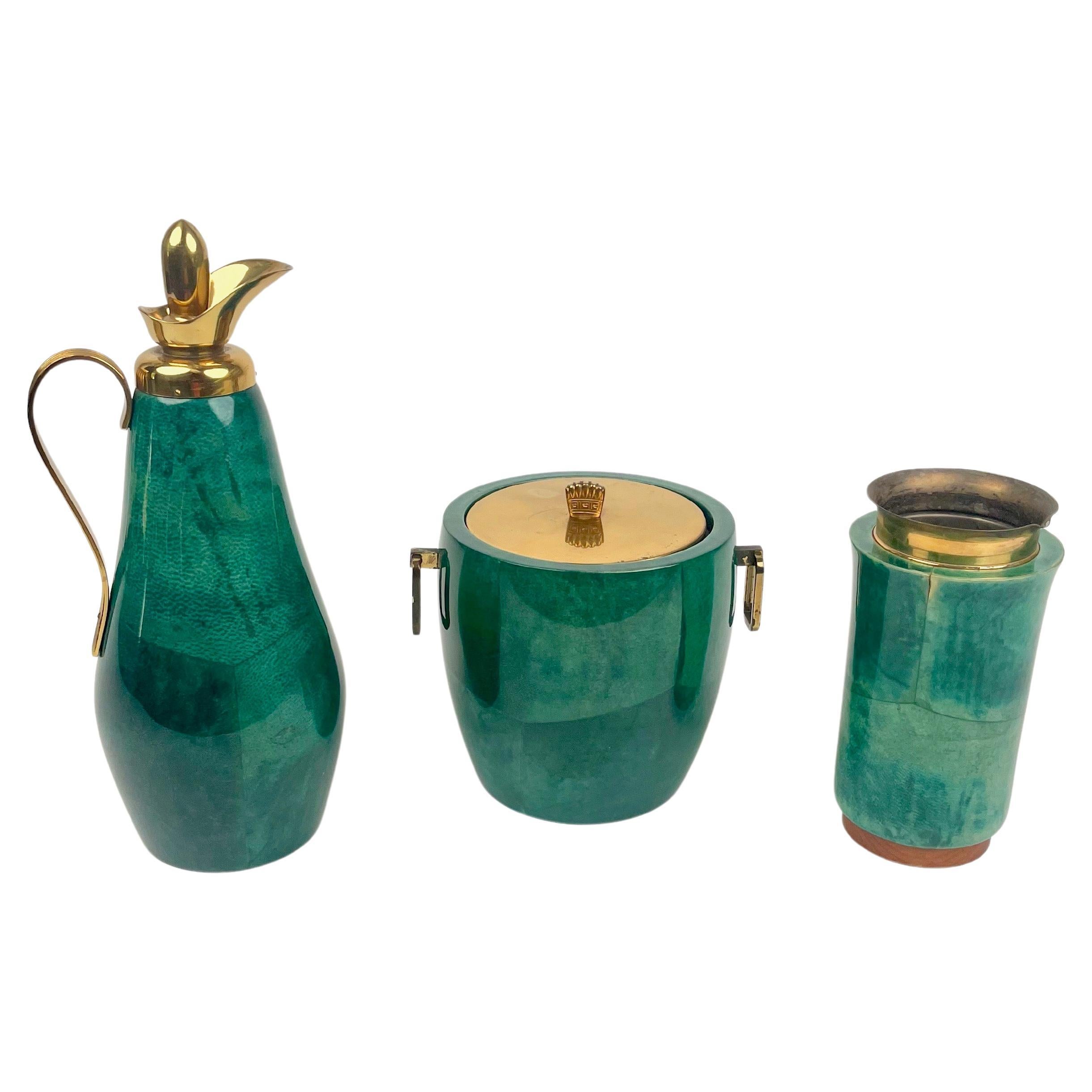Set Barware Bar Green Goatskin and Brass by Aldo Tura for Macabo, Italy 1960s For Sale