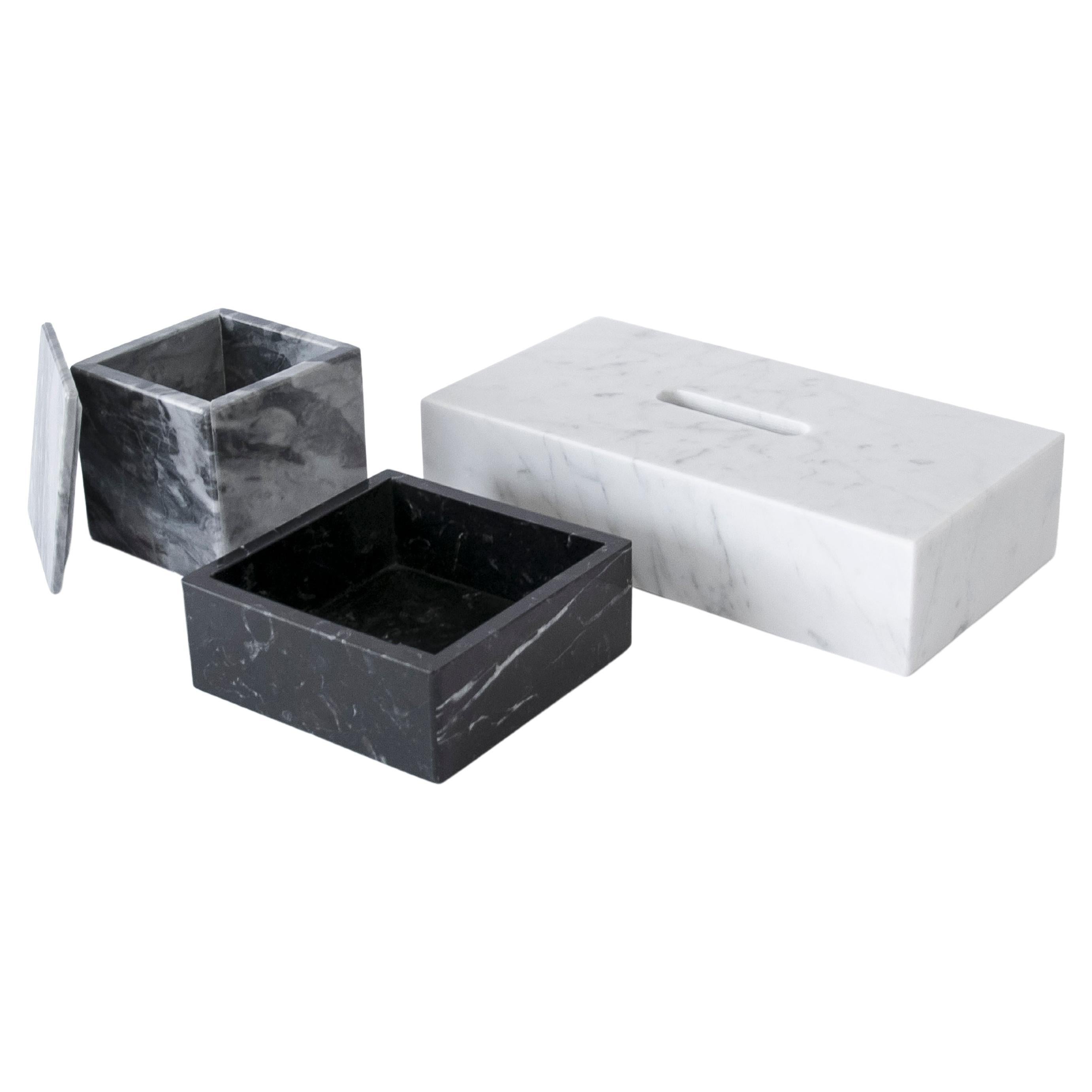 Handmade Set Beauty in White Carrara, Grey Bardiglio and Black Marquina Marble For Sale