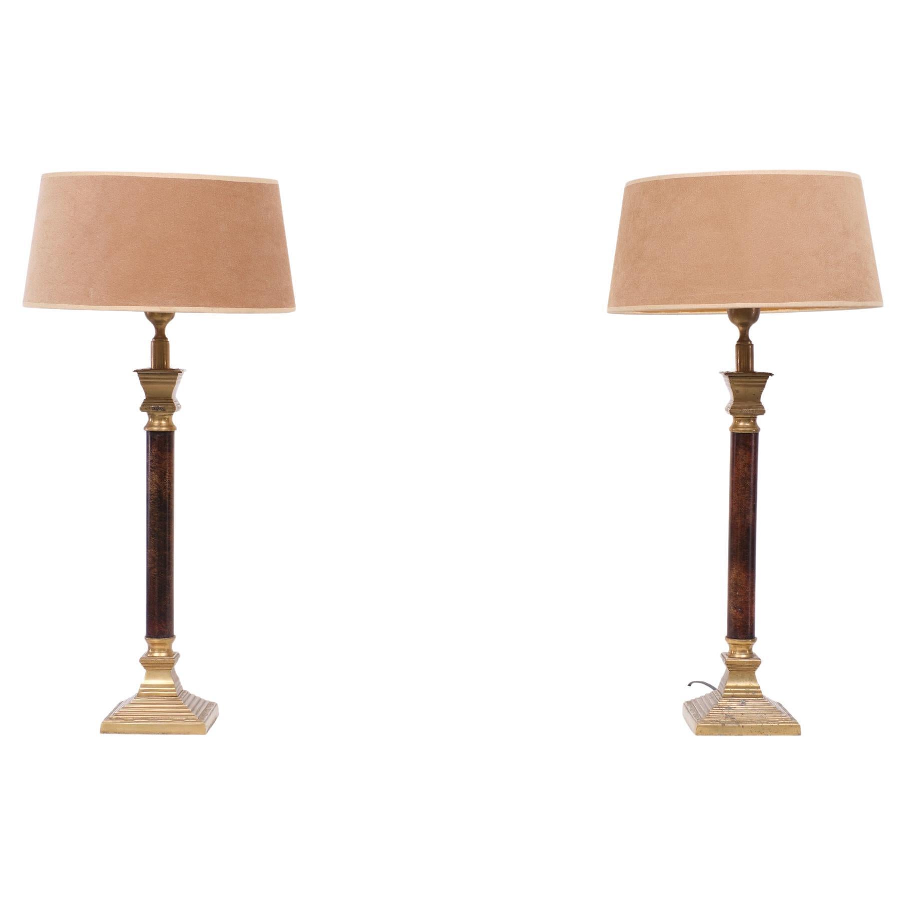 Set Brass Column Table Lamps 1970s De Knudt Belgium For Sale