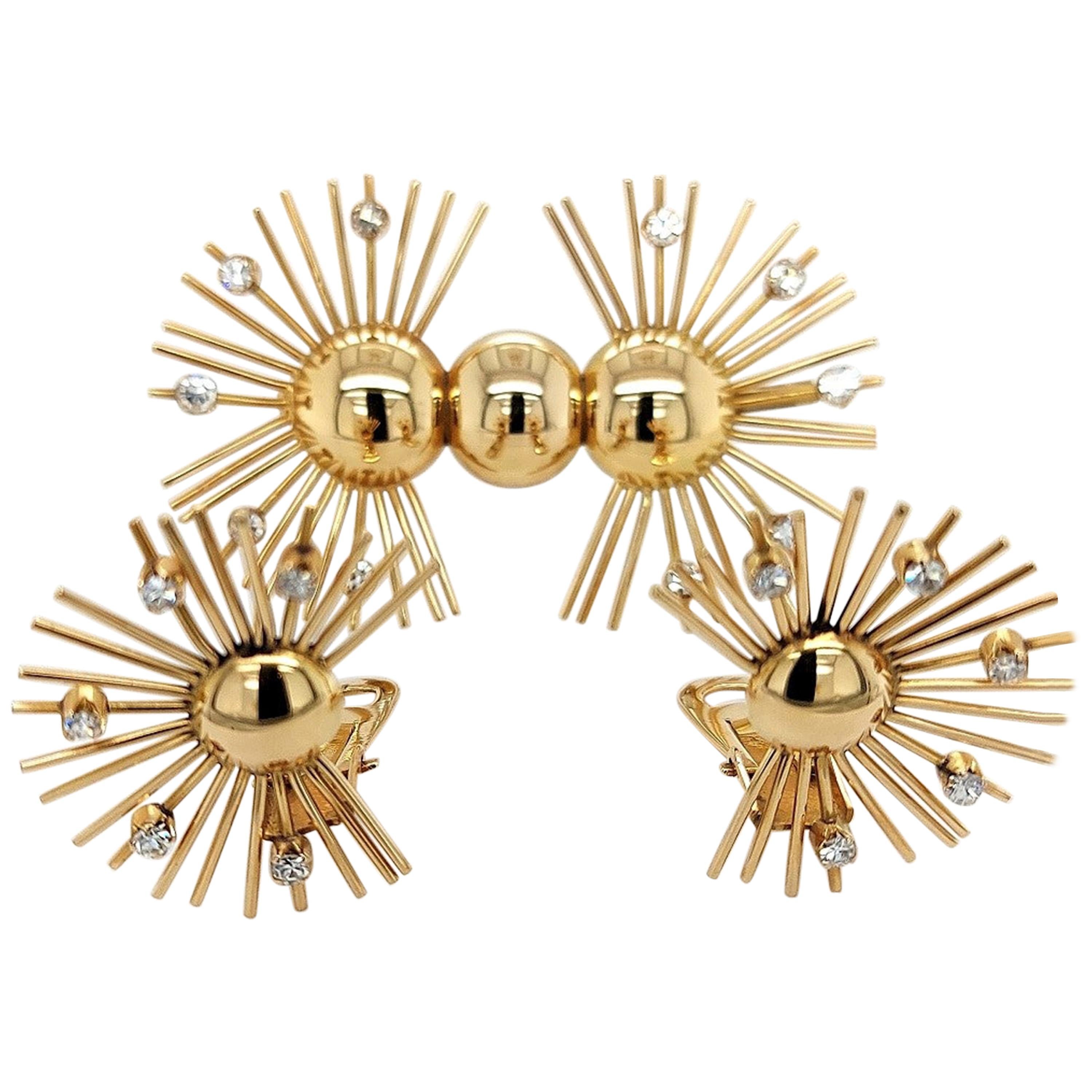 18kt Yellow Gold Set Brooch and Clip-On Earrings with Diamonds, 1940s