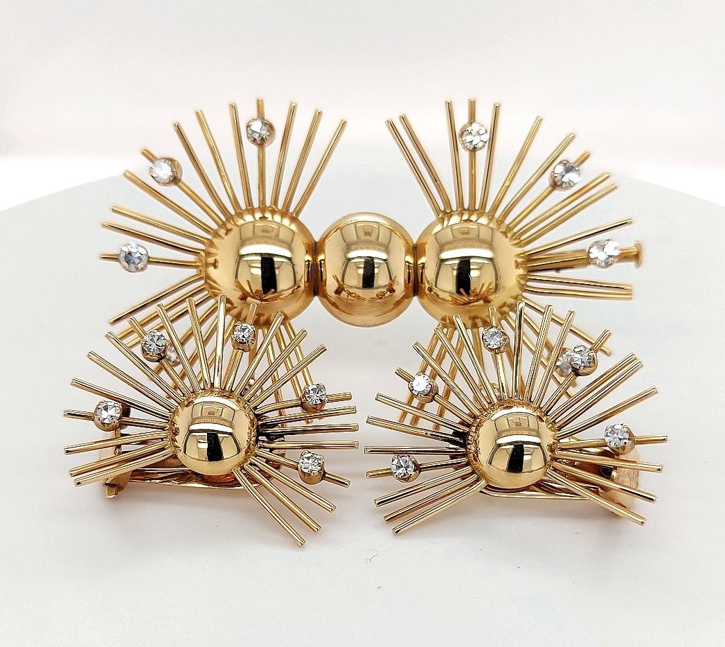 Artisan 18kt Yellow Gold Set Brooch and Clip-On Earrings with Diamonds, 1940s