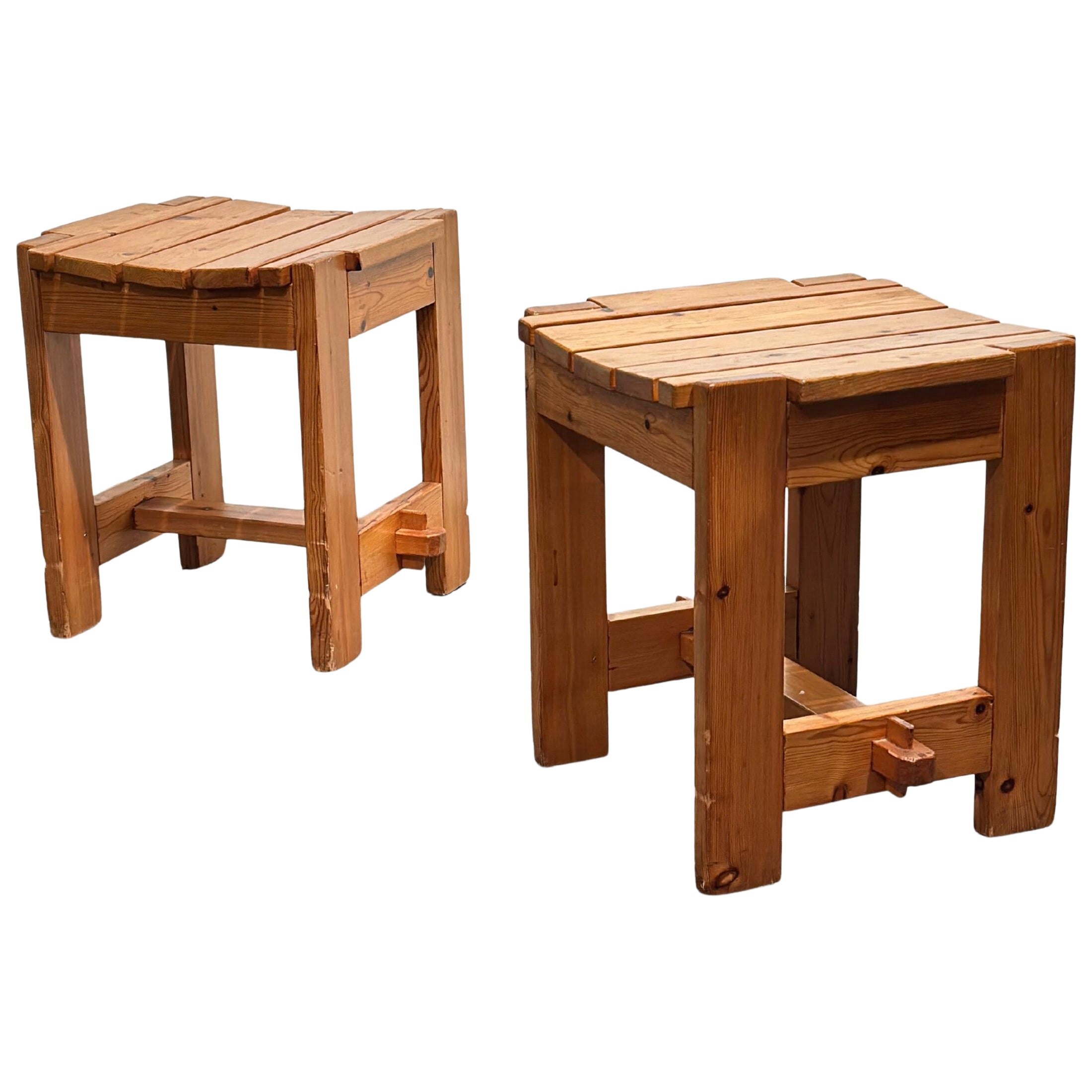 Set Brutalist Swedish Solid Pine Stools For Sale