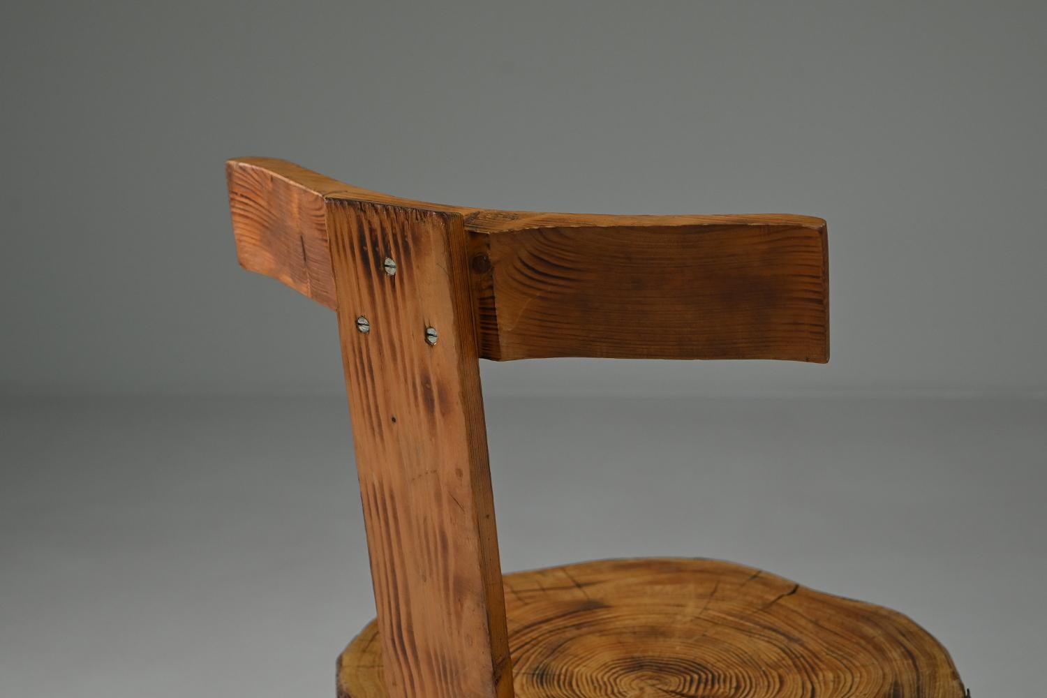 Wood Set brutalist tree trunk chairs, 1970s France. For Sale