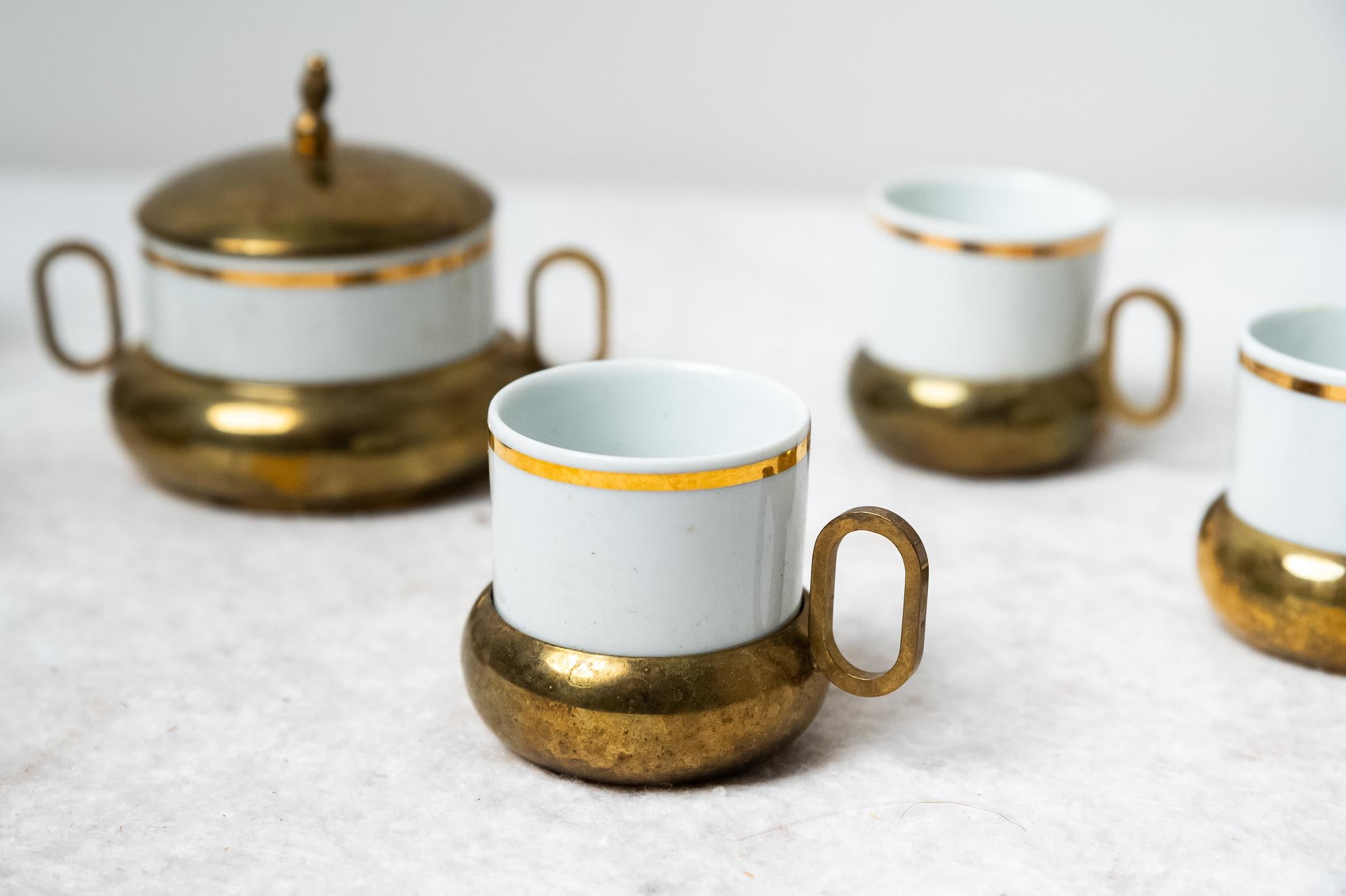 Mid-Century Modern Porcelain and Brass Coffee Set, First Half of the 1900s For Sale