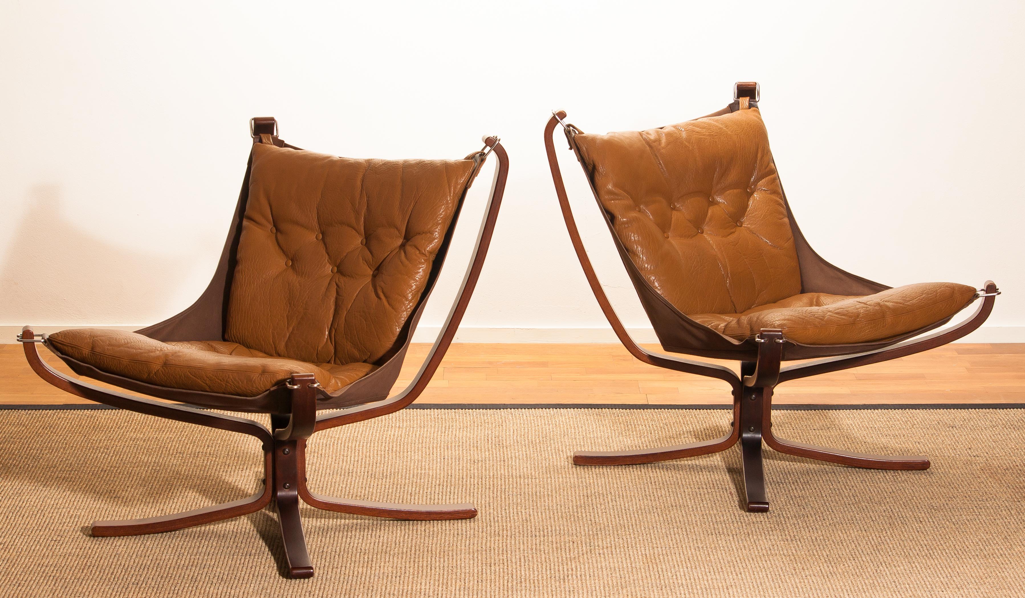 Mid-Century Modern Set Camel Leather 'Falcon' Lounge Chairs or Easy Chairs by Sigurd Ressell