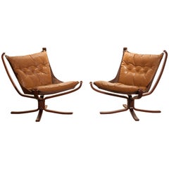 Set Camel Leather 'Falcon' Lounge Chairs or Easy Chairs by Sigurd Ressell