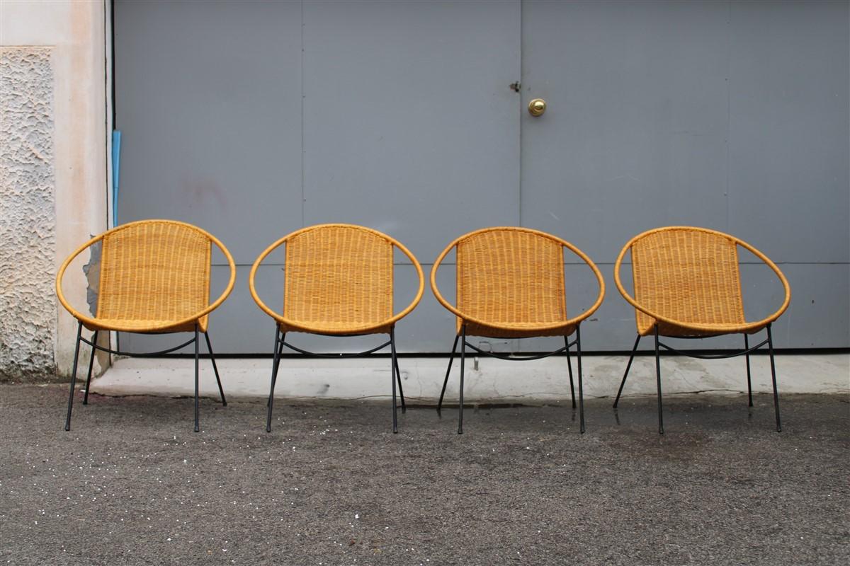 Mid-Century Modern Set Campo & Graffi Garden Armchairs in Metal and Wicker Italy Design, 1950s For Sale