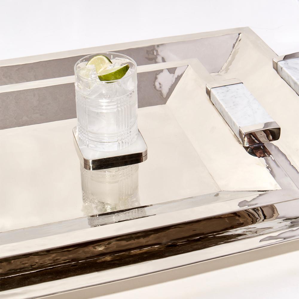 Contemporary Set Capa, Rectangular Tray, Ice Bucket & Pitcher, Alpaca Silver & Gray Marble  For Sale