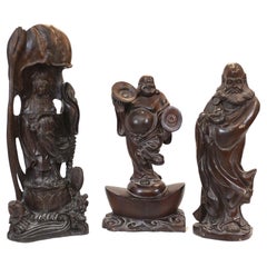 Set Carved Chinese Buddha Statues Antique Hardwood Figurine, 1930