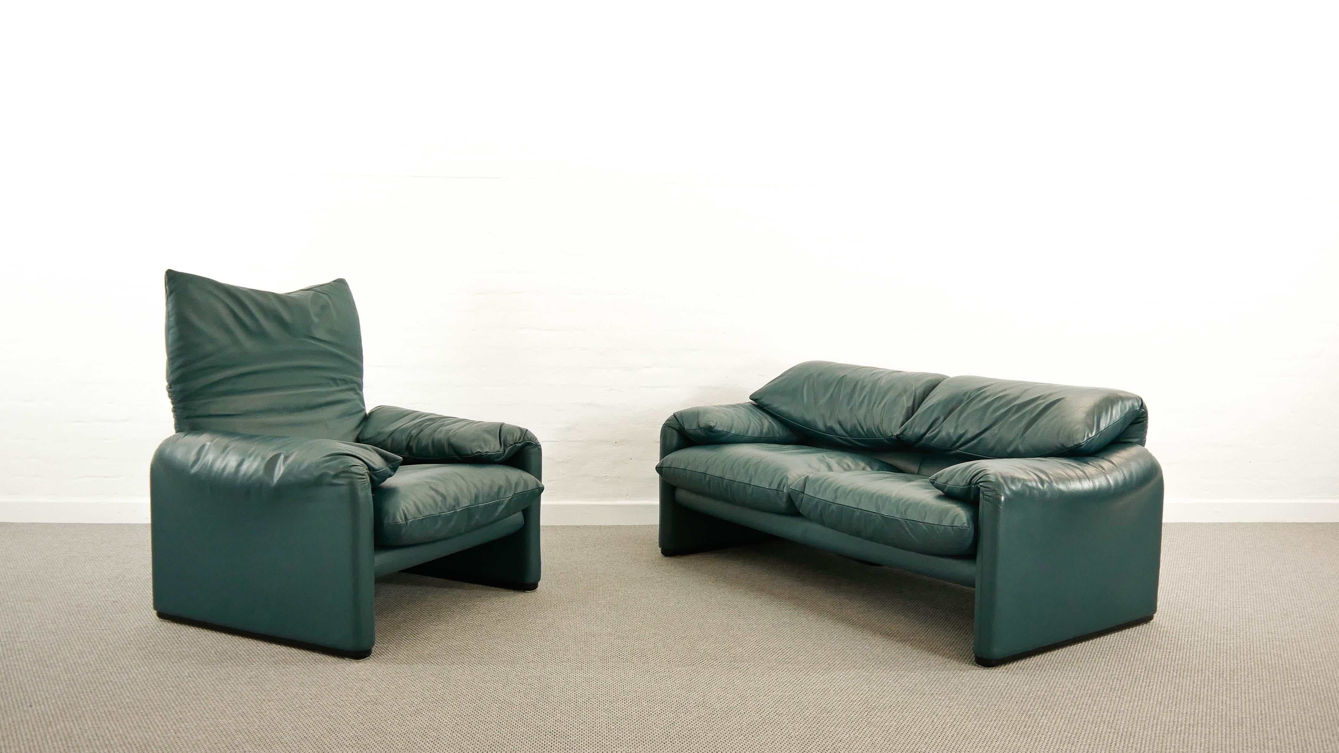 Set of Maralunga 2-seat sofa and easy chair by Cassina, designed in 1973. This offer features one 2- seat sofa and one easy chair together. Fabric and color is identical, because both sofas came from the same source. Original upholstery in dark