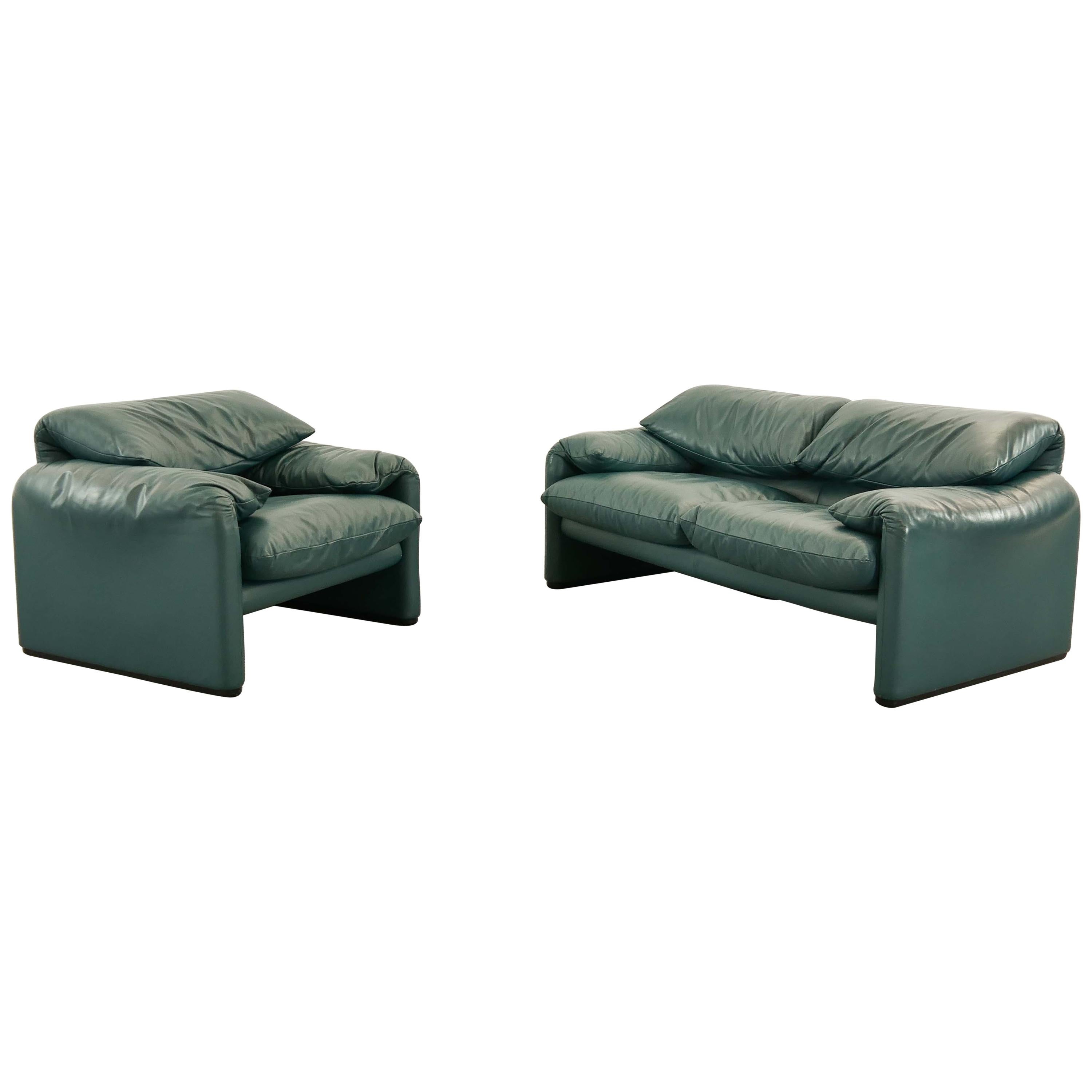 Set Cassina Maralunga 2-Seat Sofa and Easy Chair by Vico Magistretti in Leather