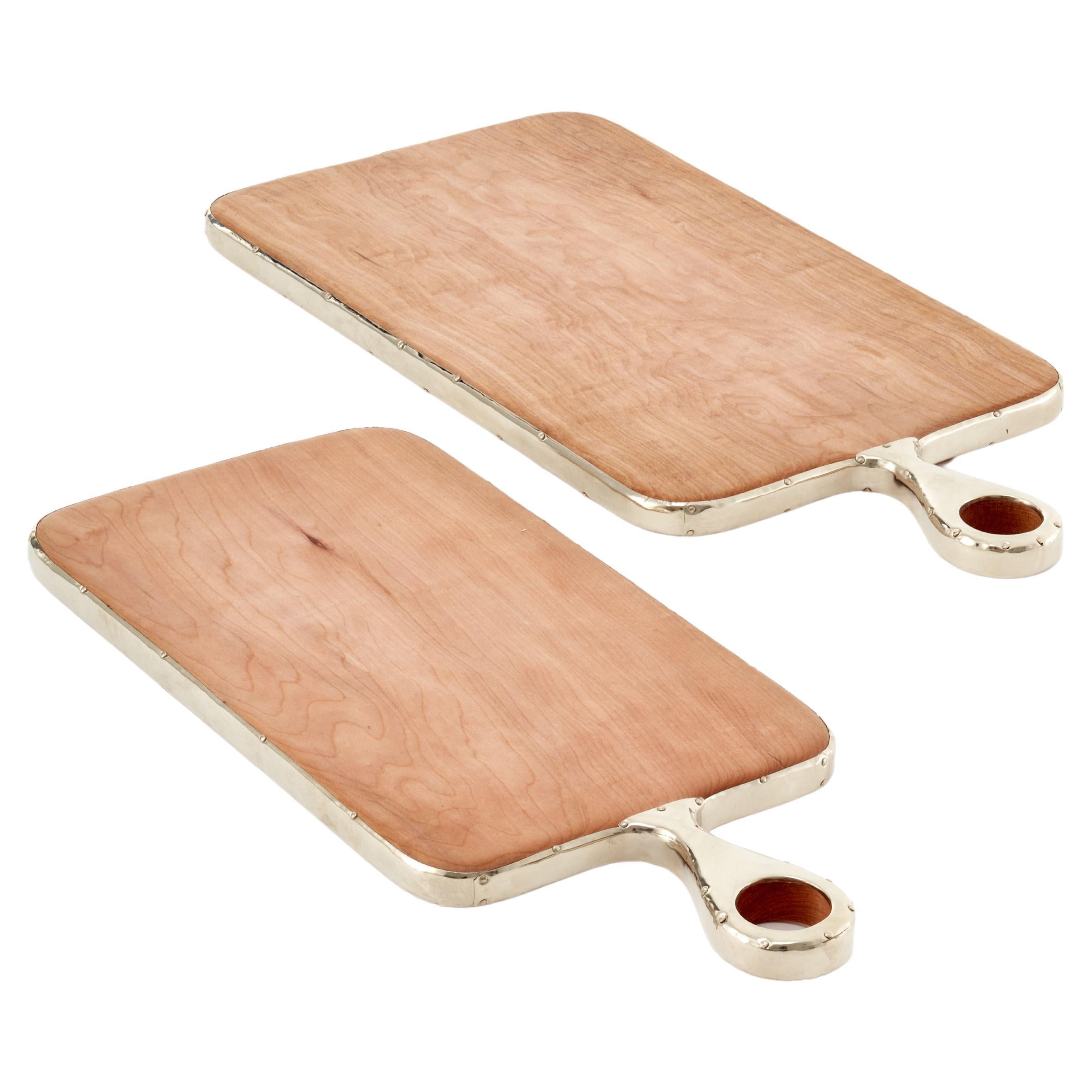 SET CASTOR Small, Large Cheese Boards Trays, Natural Wood & Alpaca Silver For Sale