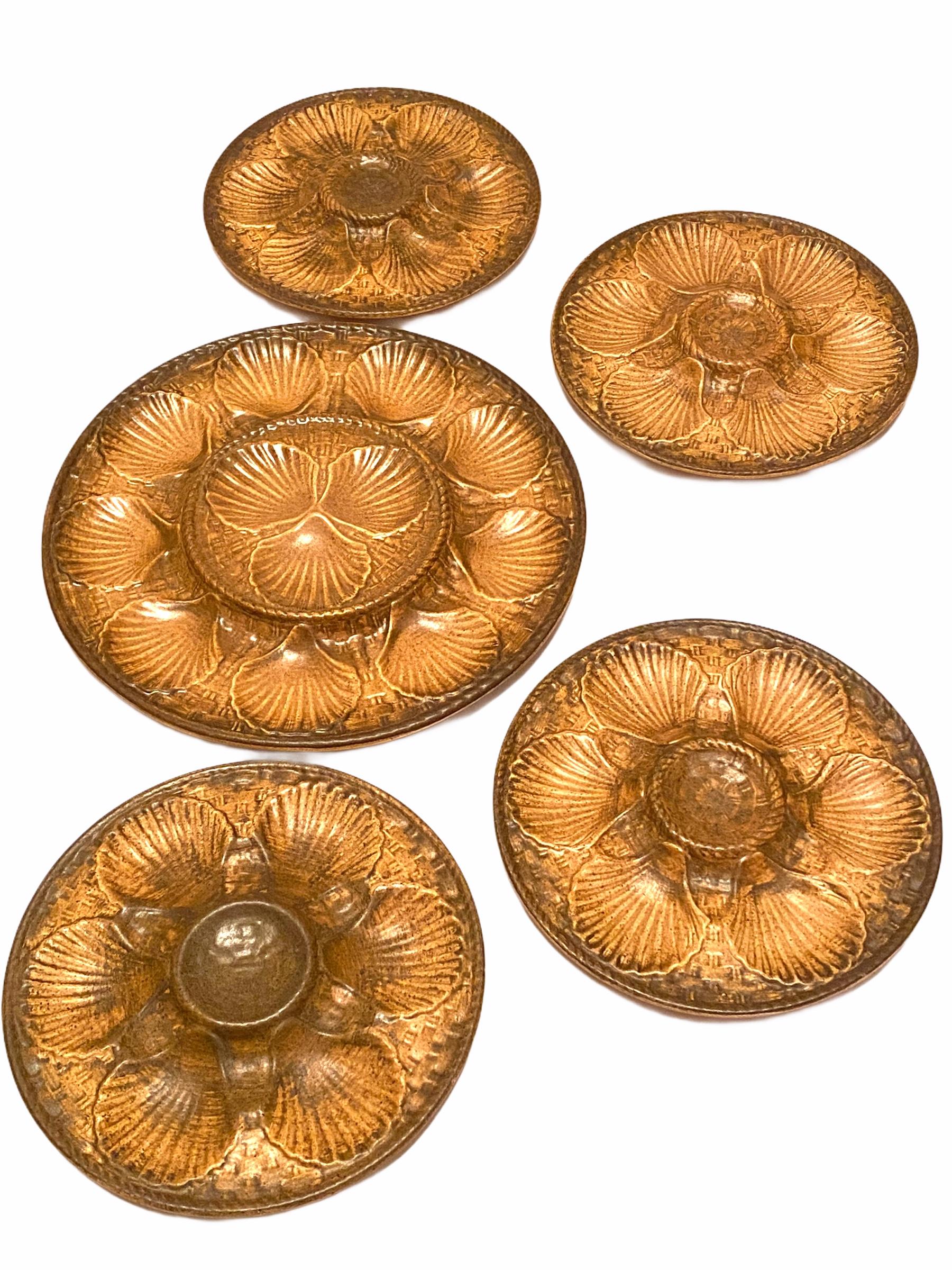 Mid-Century Modern Set Ceramic Long Champ Six Oyster or Great Scallop Plates and a Platter, France For Sale