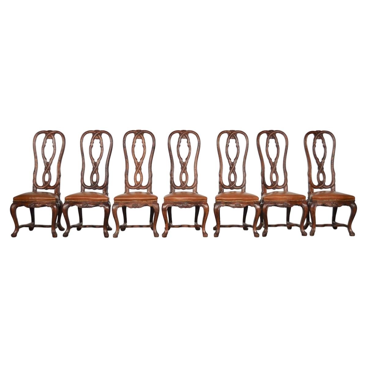 Set Chairs in Ashwood Hand Carved with Leather Seats, Italy, 1950s For Sale