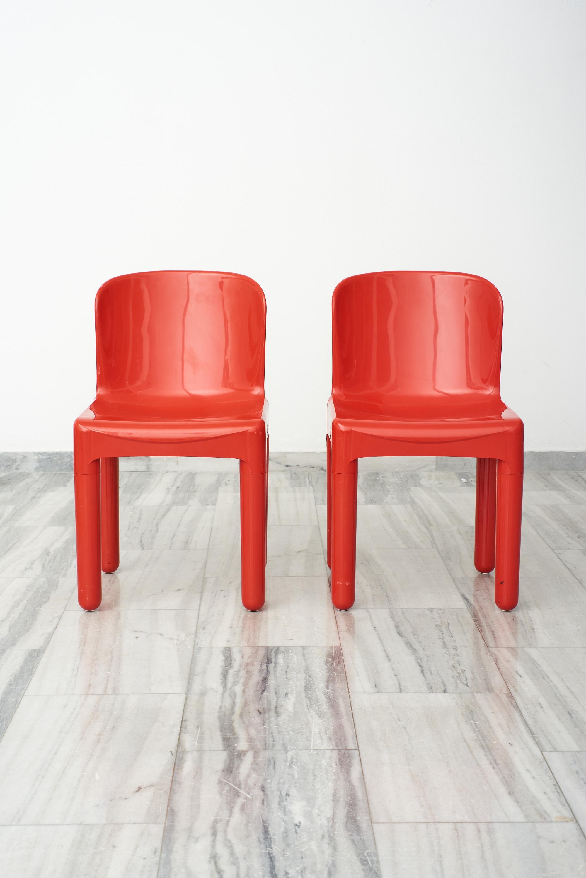 Poppy red SET chairs model 1050 by Marcello Siard, Collezioni Longato Padova 1969. Antistatic glossy plastic Novodur by Bayer.