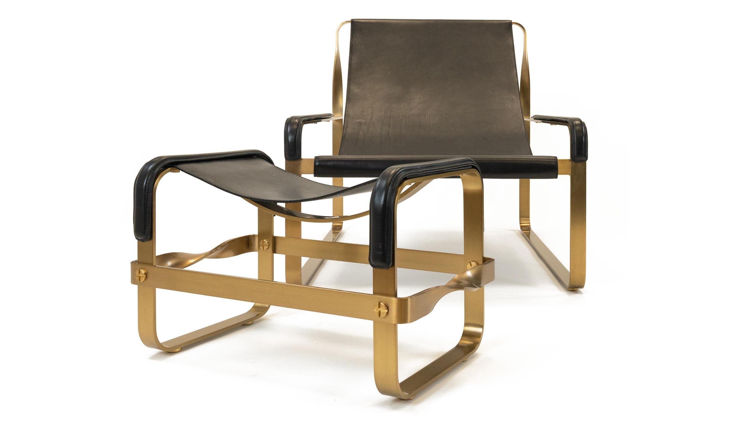 Contemporary Handmade Chaise Lounge & Ottoman Aged Brass Metal & Black Leather im Angebot 6