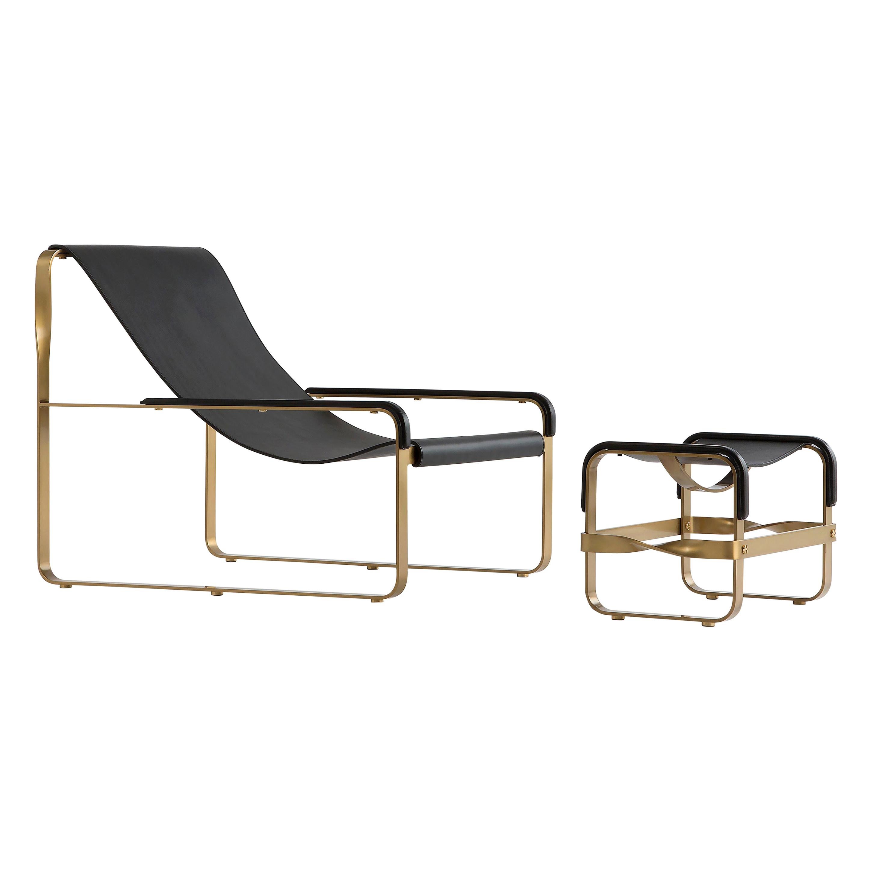 Contemporary Handmade Chaise Lounge & Ottoman Aged Brass Metal & Black Leather For Sale