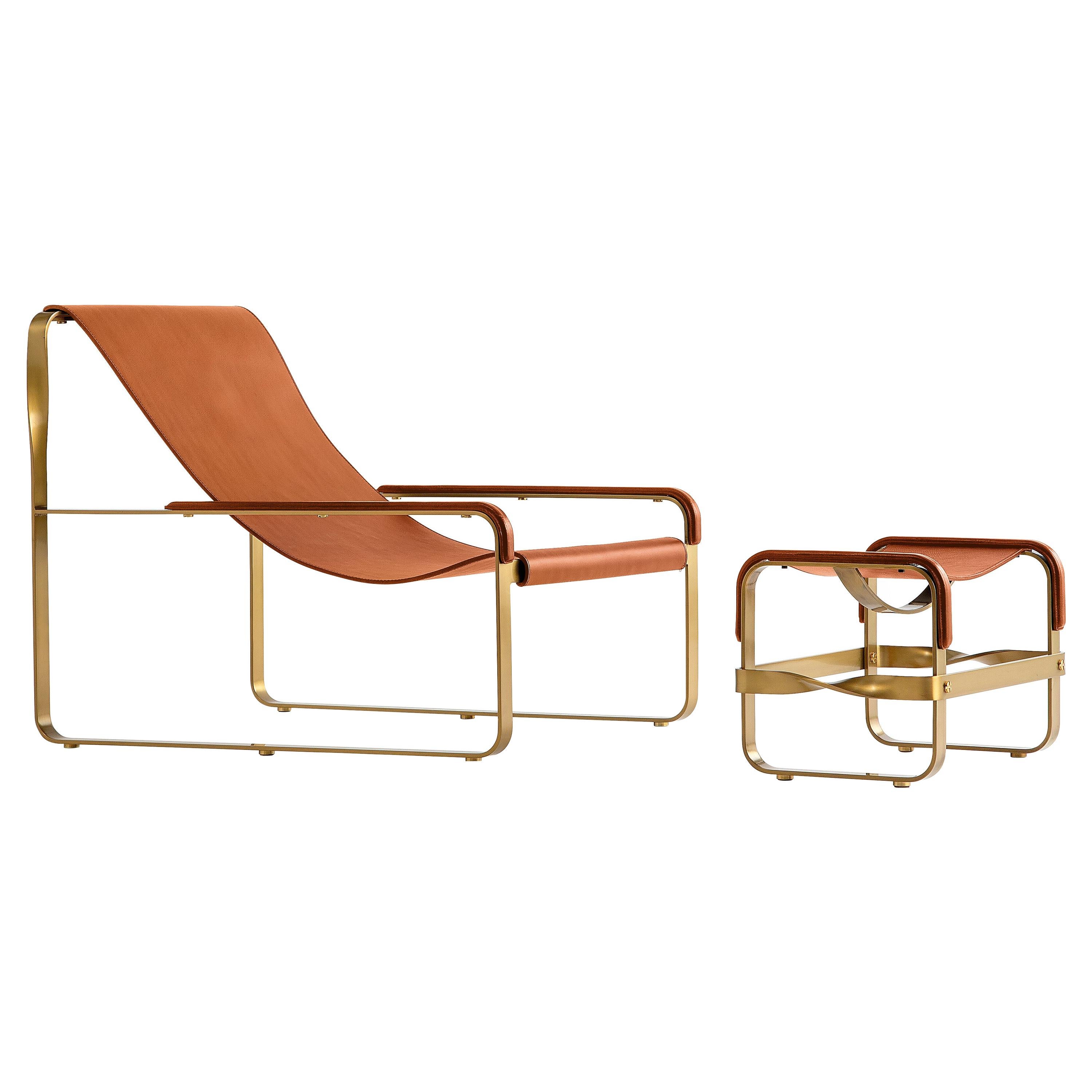 Set Artisan Chaise Lounge & Footstool Aged Brass Metal  & Natural Tan Leather For Sale