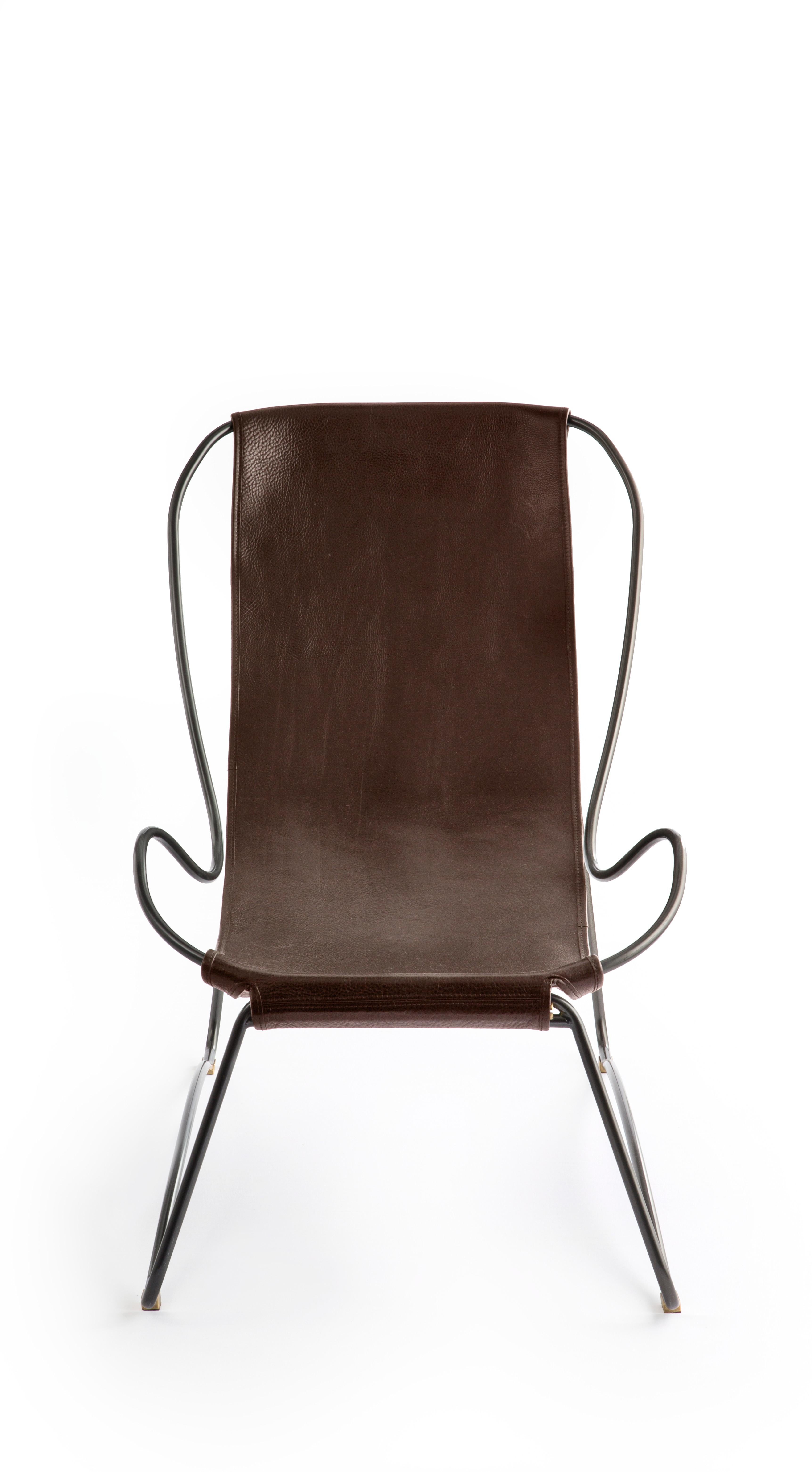 Moderne Ensemble Chaise Longue Sculpturale & Pouf  Black Steel & Dark Brown Leather Modernity en vente