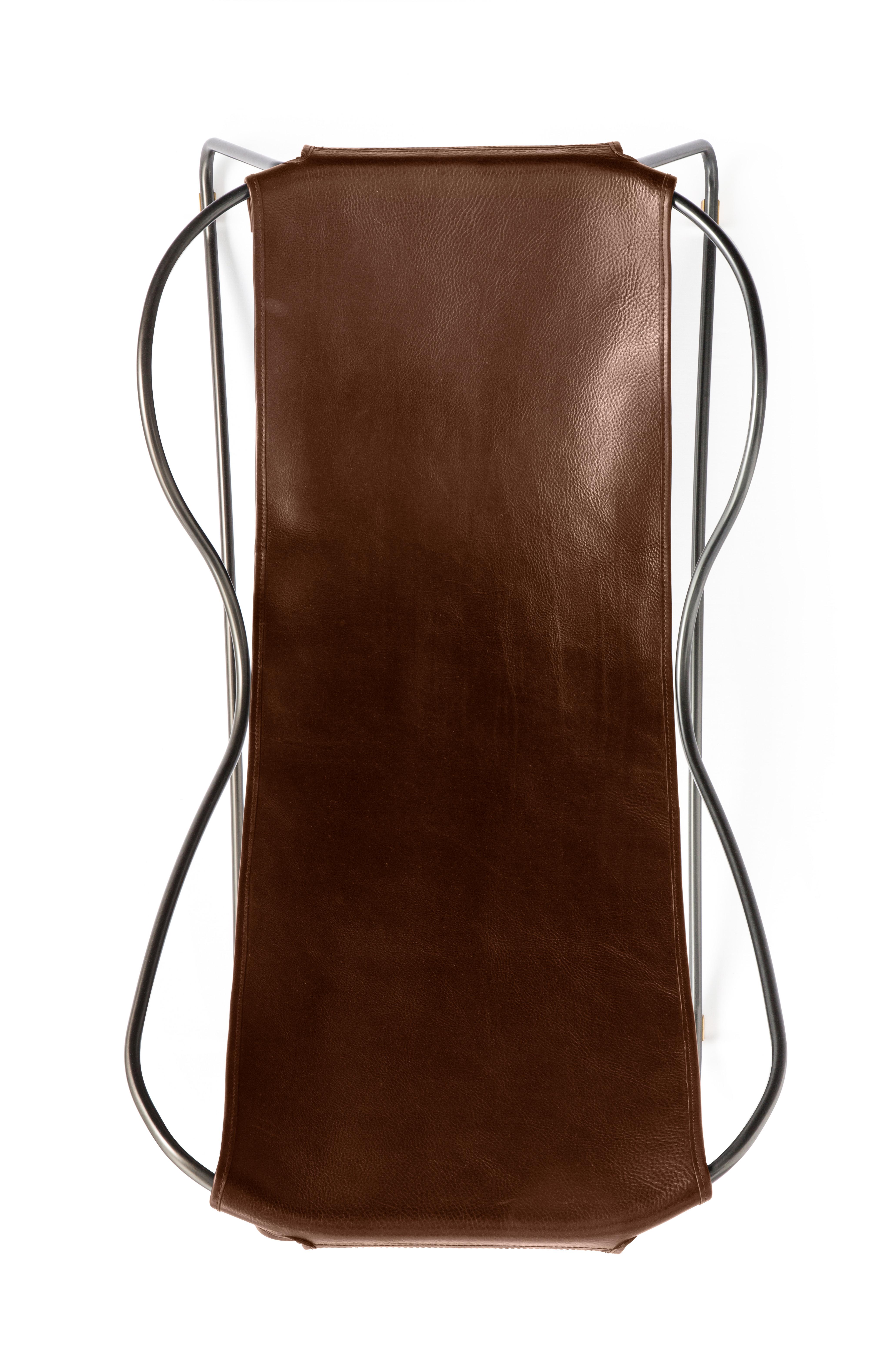 Laqué Ensemble Chaise Longue Sculpturale & Pouf  Black Steel & Dark Brown Leather Modernity en vente