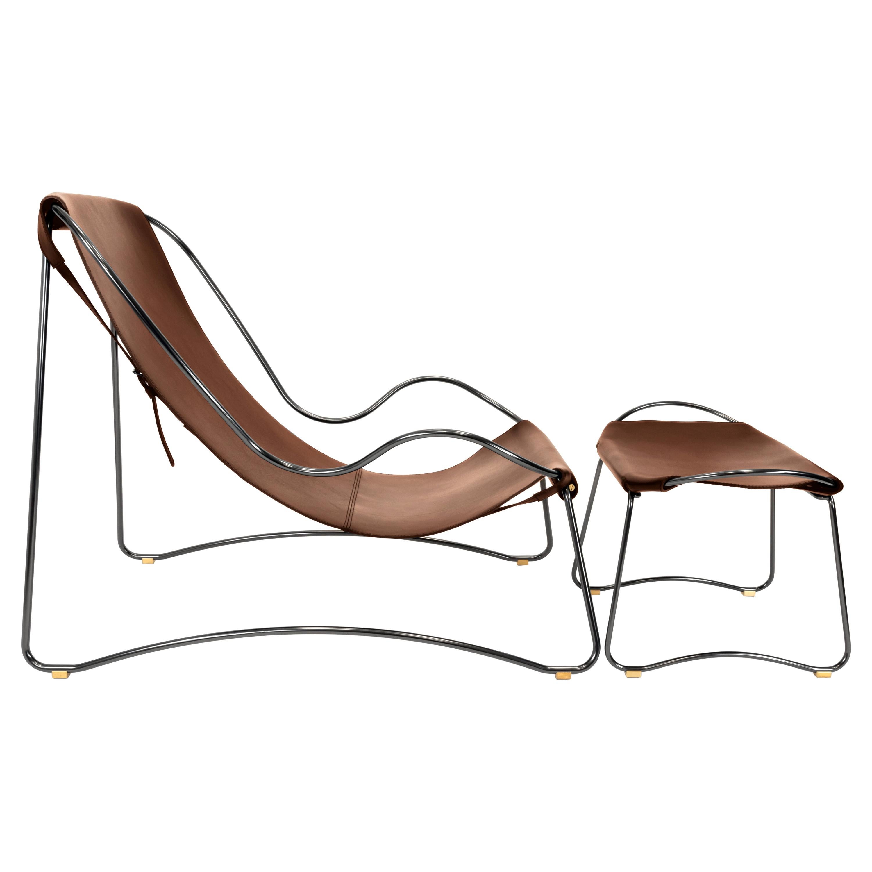 Ensemble Chaise Longue Sculpturale & Pouf  Black Steel & Dark Brown Leather Modernity en vente