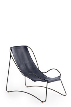 Handmade Sculptural Chaise Longue & Pouf Black Smoke Metal & Blue Navy Leather