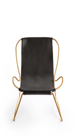 Set Sculptural Contemporary Chaise Lounge & Pouf Aged Brass Steel Black Leather