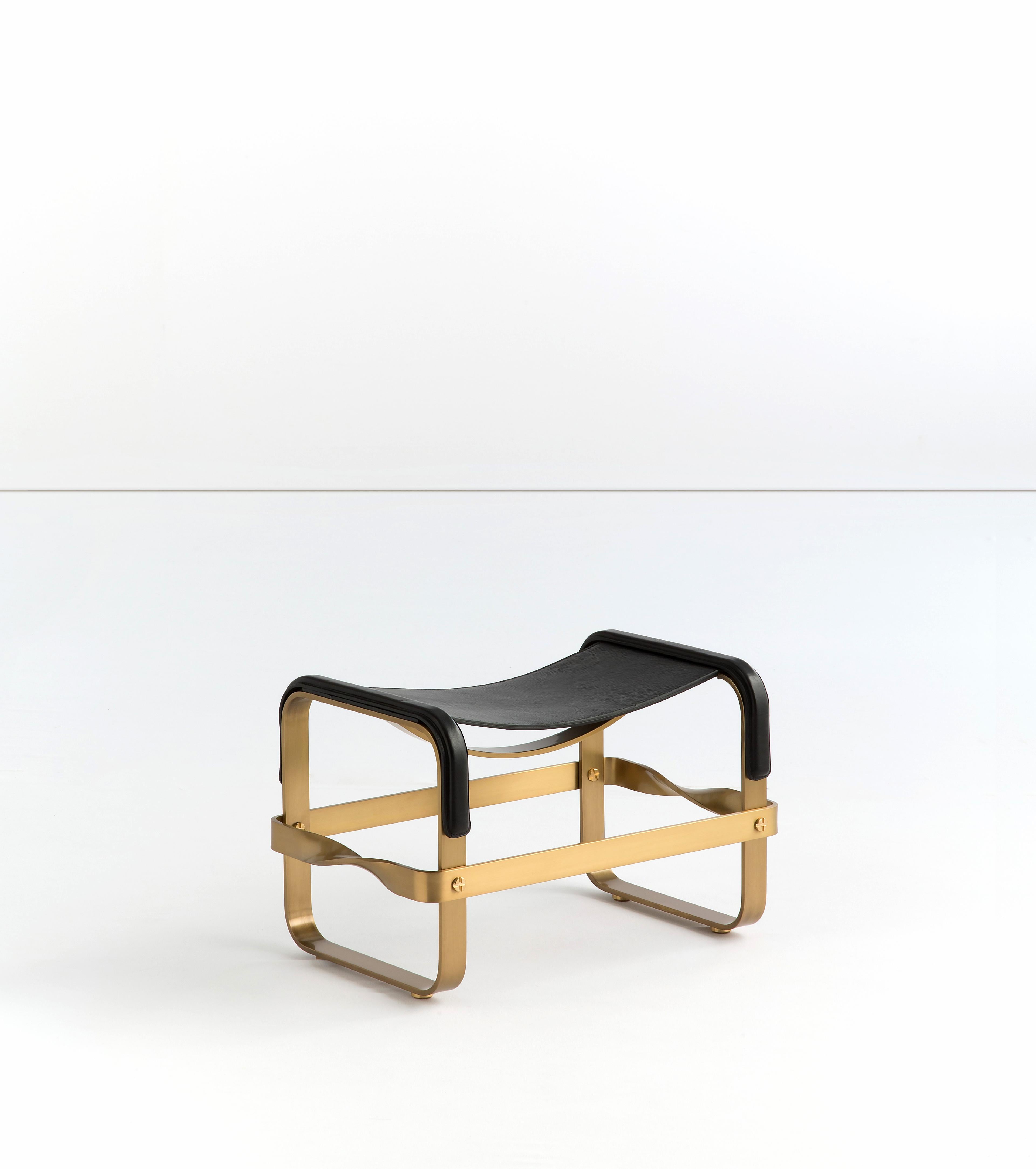 Contemporary Set  Artisan Chaise Lounge & Footstool Aged Brass Steel & Navy Blue Leather For Sale