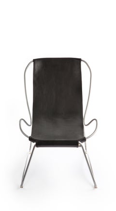 Set Sculptural Modern Chaise Longue, Footstool Old Silver Steel & Black Leather