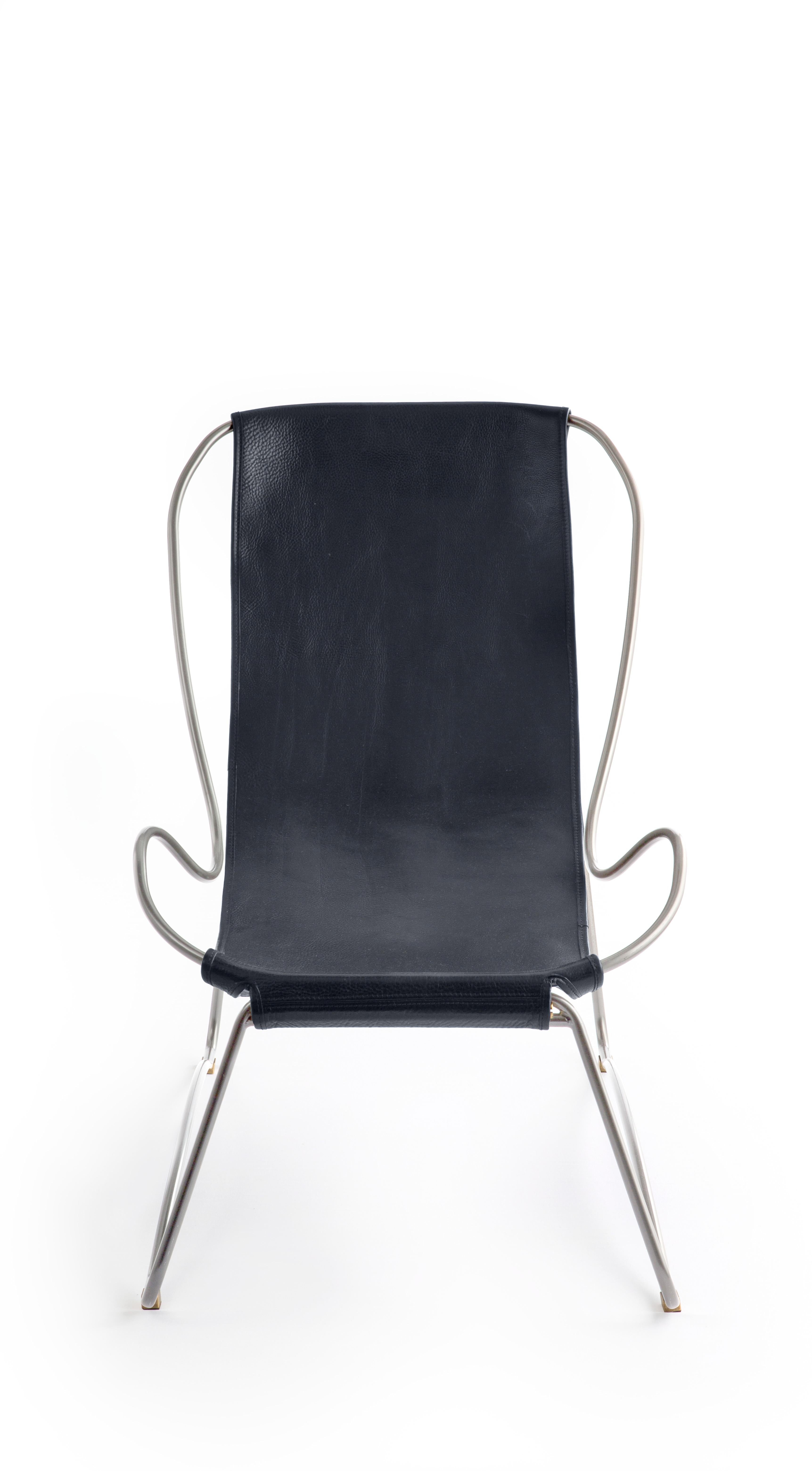 Set Contemporary Sculptural Chaise Lounge & Ottoman Silbernes Metall & Marinefarbenes Leder (Moderne) im Angebot