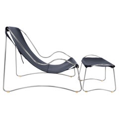 Set Contemporary Sculptural Chaise Lounge & Ottoman Silver Metal & Navy Leather,