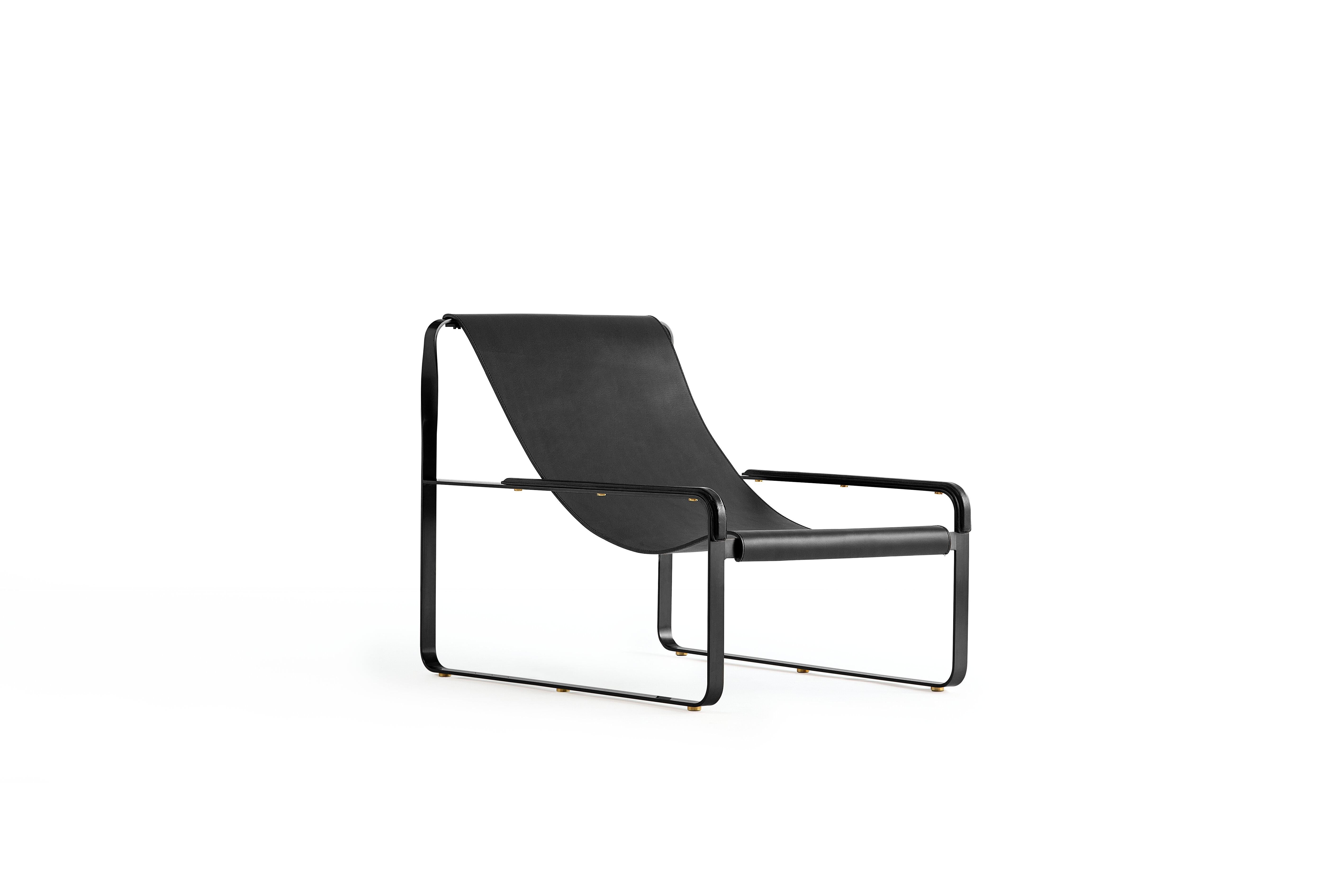 Set Contemporary Handcrafted Chaise Lounge & Ottoman Schwarzer Stahl Schwarzes Leder im Angebot 12