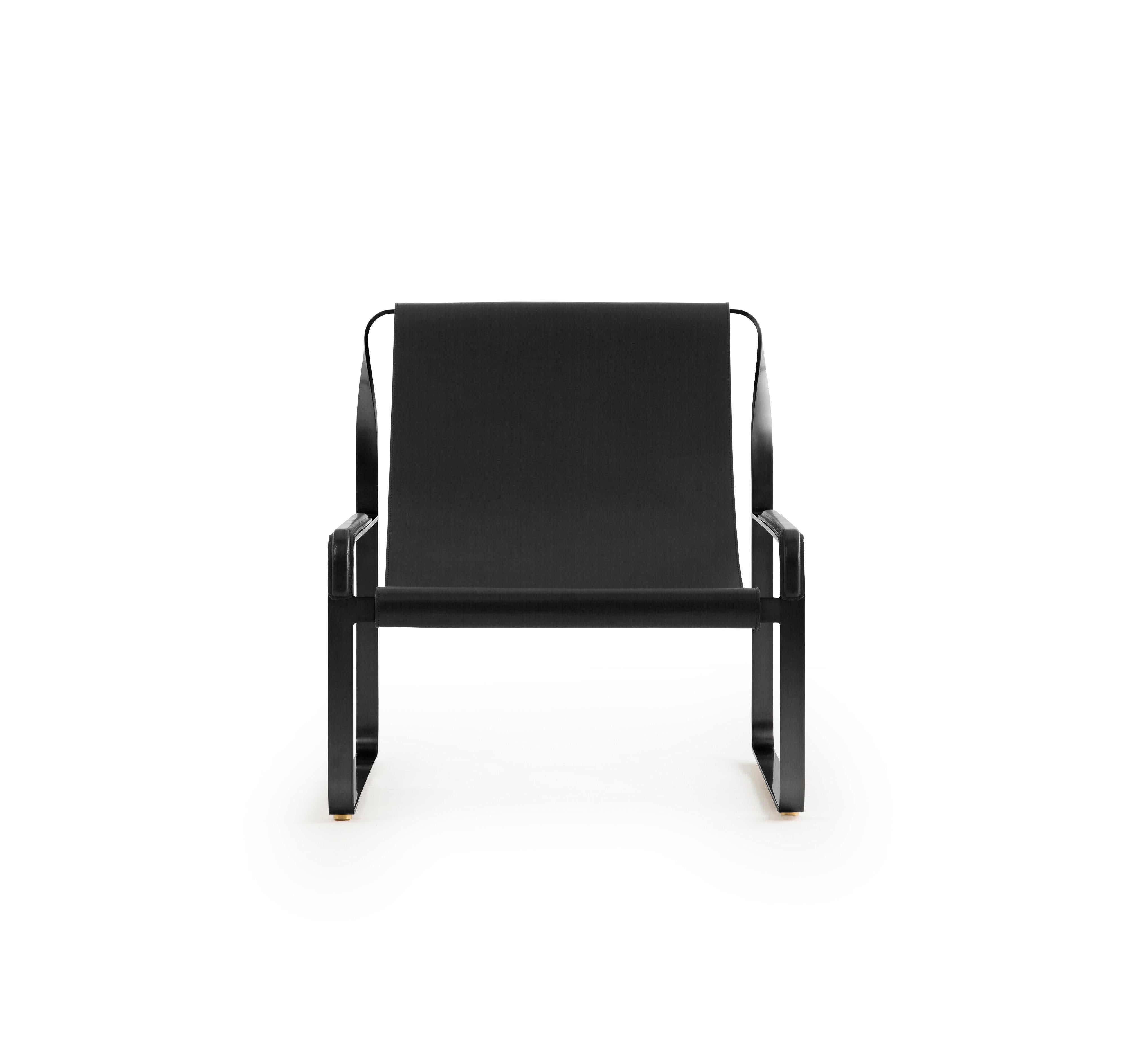 Set Contemporary Handcrafted Chaise Lounge & Ottoman Schwarzer Stahl Schwarzes Leder (Moderne) im Angebot