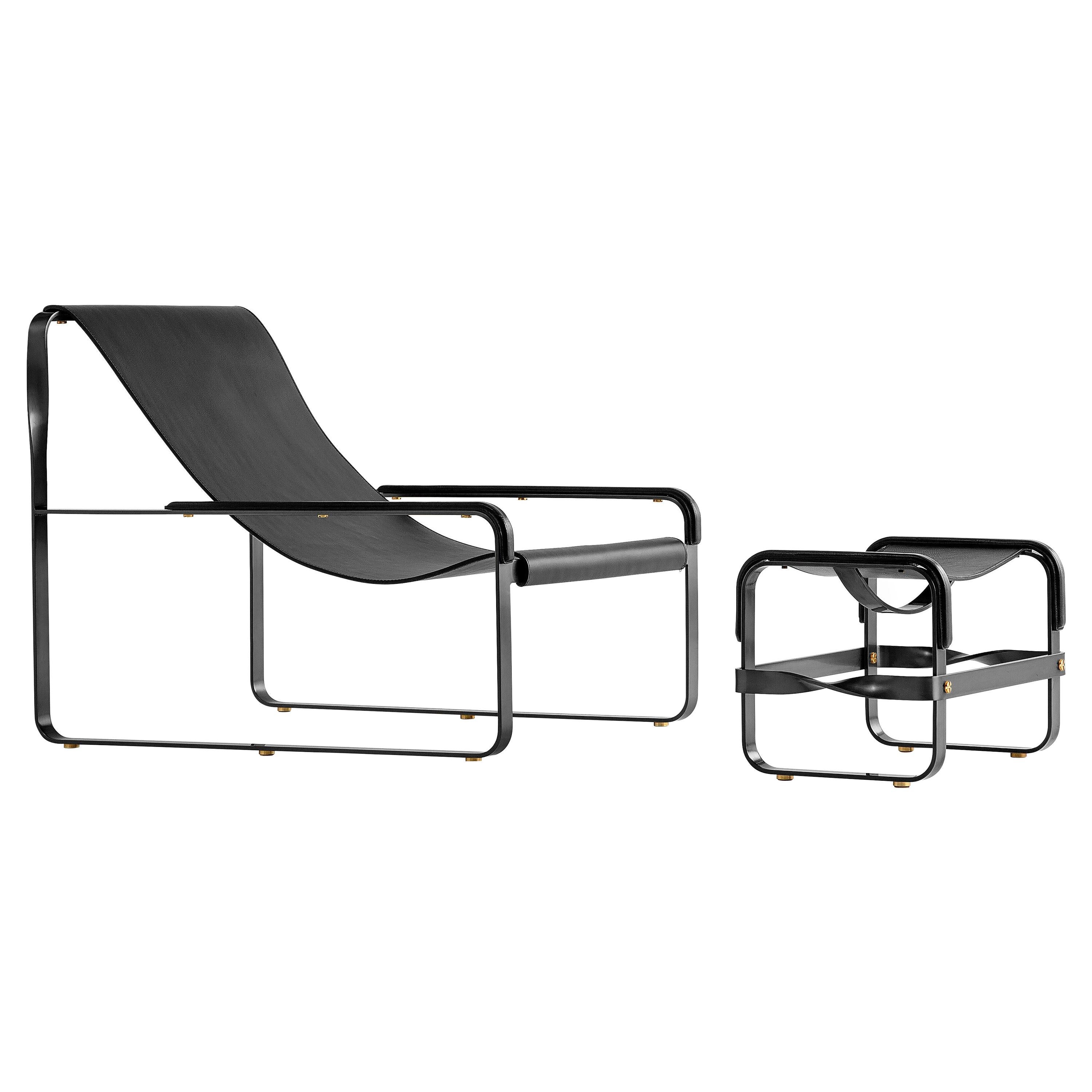 Set Contemporary Handcrafted Chaise Lounge & Ottoman Schwarzer Stahl Schwarzes Leder im Angebot