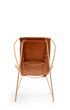 Set Sculptural Modern Chaise Lounge & Pouf Aged Brass Metal Natural Tan Leather