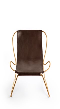 Set Sculptural Chaise Lounge & Footstool Aged Brass Metal & Dark Brown Leather