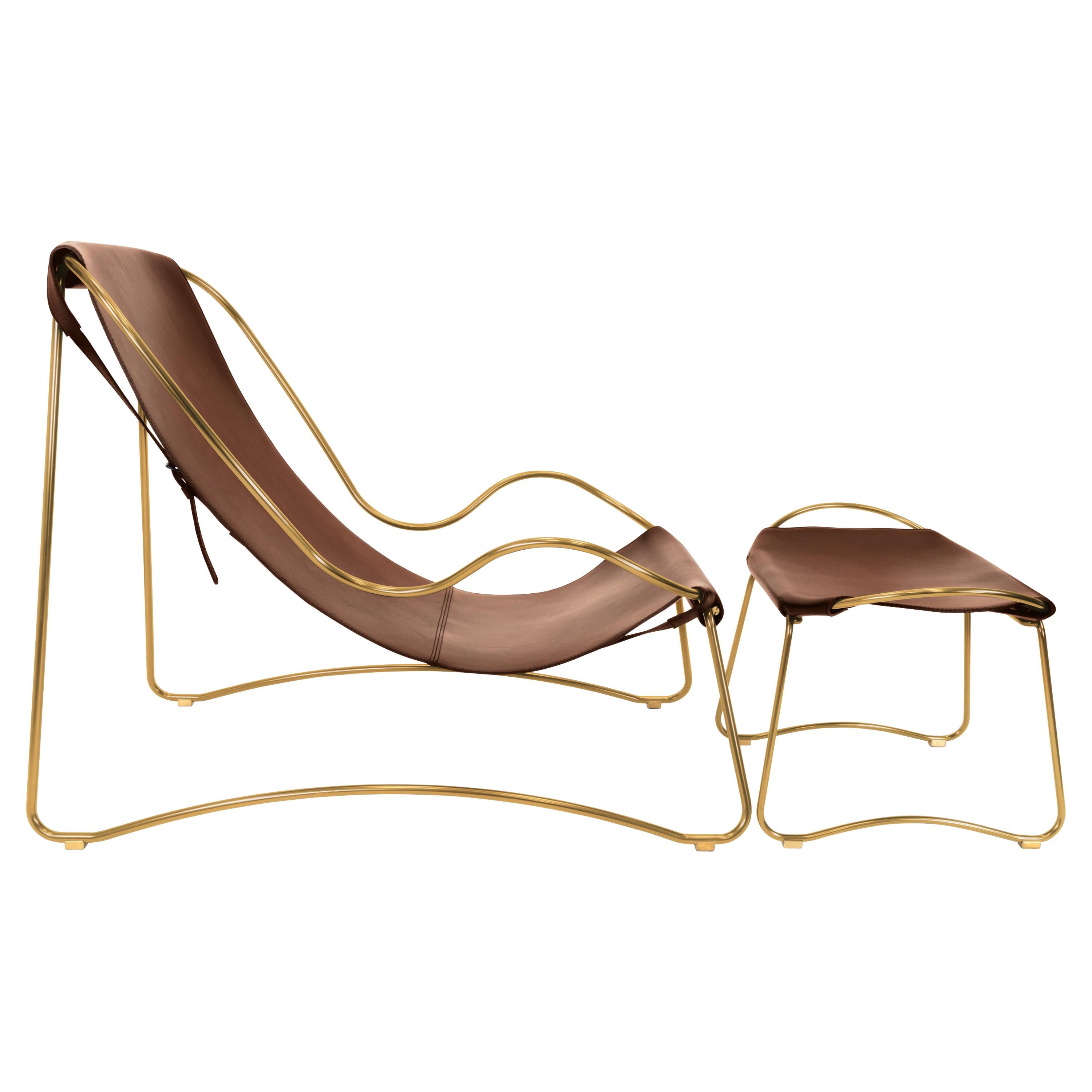 Set Sculptural Chaise Lounge & Fußhocker Aged Brass Metal & Dark Brown Leather