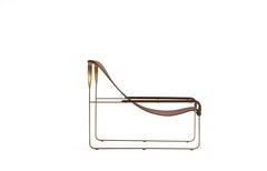 Set Contemporary Chaise Lounge & Footstool Brass Metal & Dark Brown Leather