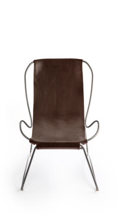 Set Artisan Sculptural Chaise Lounge & Pouf in metallo argentato e pelle marrone scuro