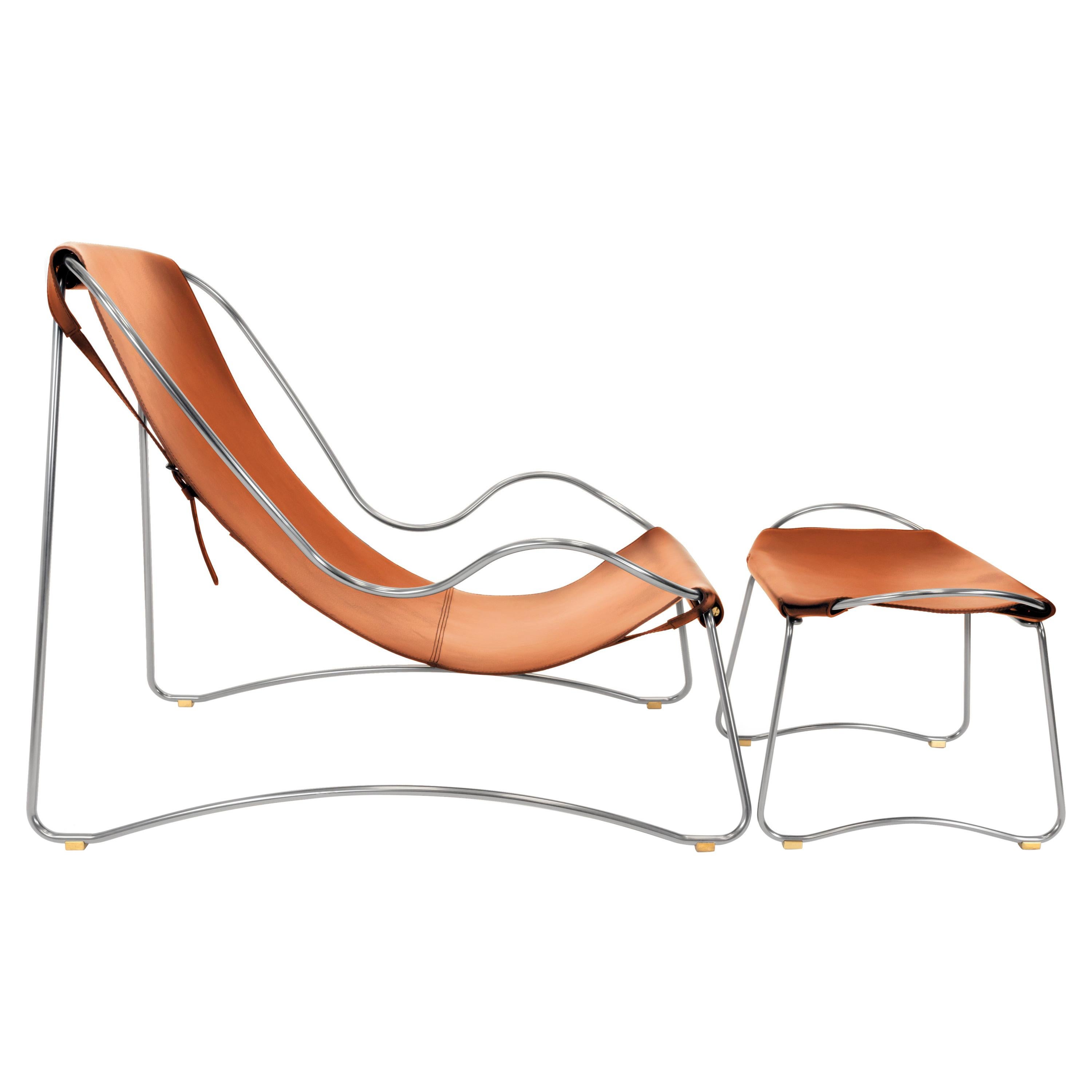 Skulpturale Contemporary Chaise Lounge & Ottomane Alt-Silber Metall, Tan Leder