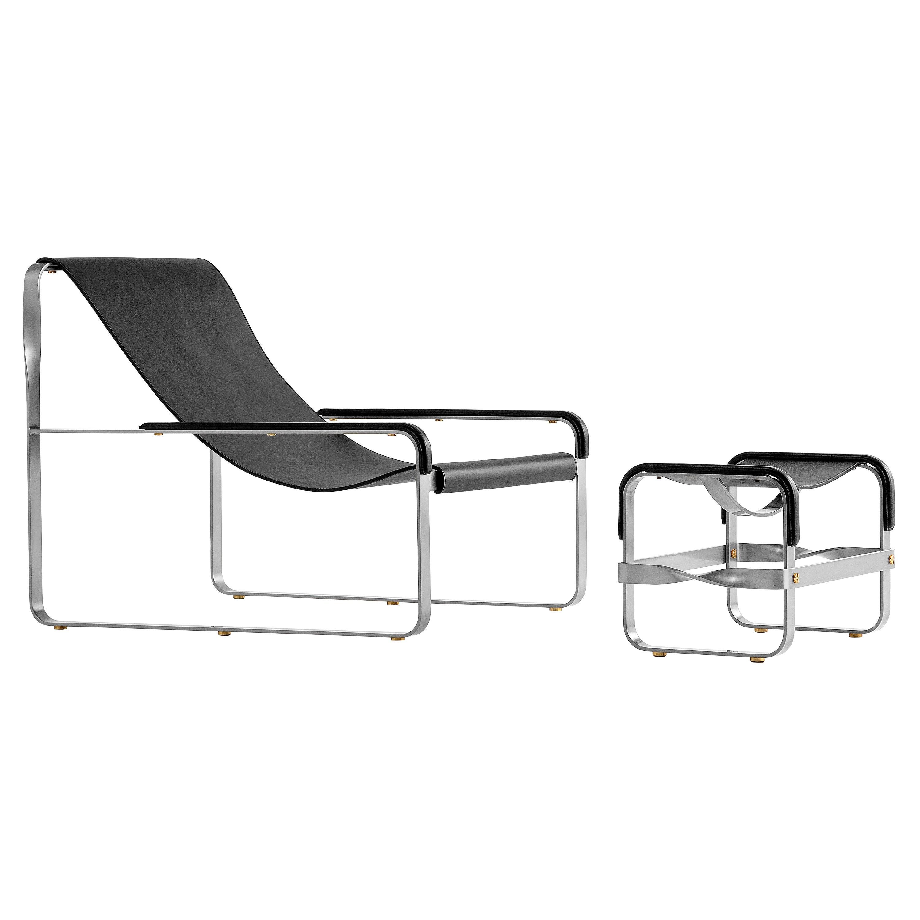 Set Contemporary Chaise Lounge & Footstool Old Silver Metal & Black Leather  For Sale