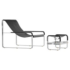 Set Chaise longue et pouf contemporains Métal vieil argent et cuir noir 